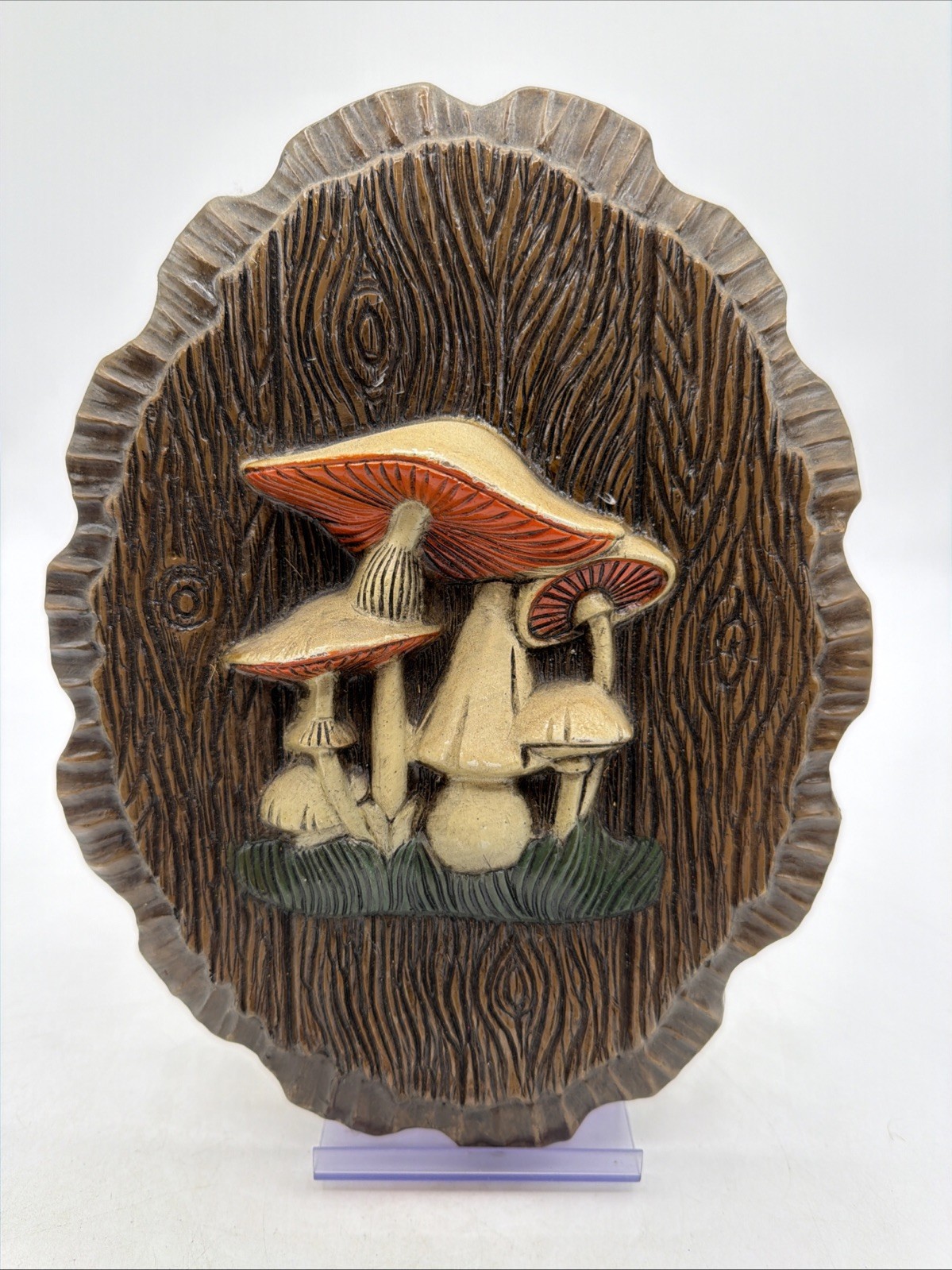 Vtg 1970’s Faux Wood Pressed Foam 3D 9” Mushrooms Wall Decor Plaque MCM