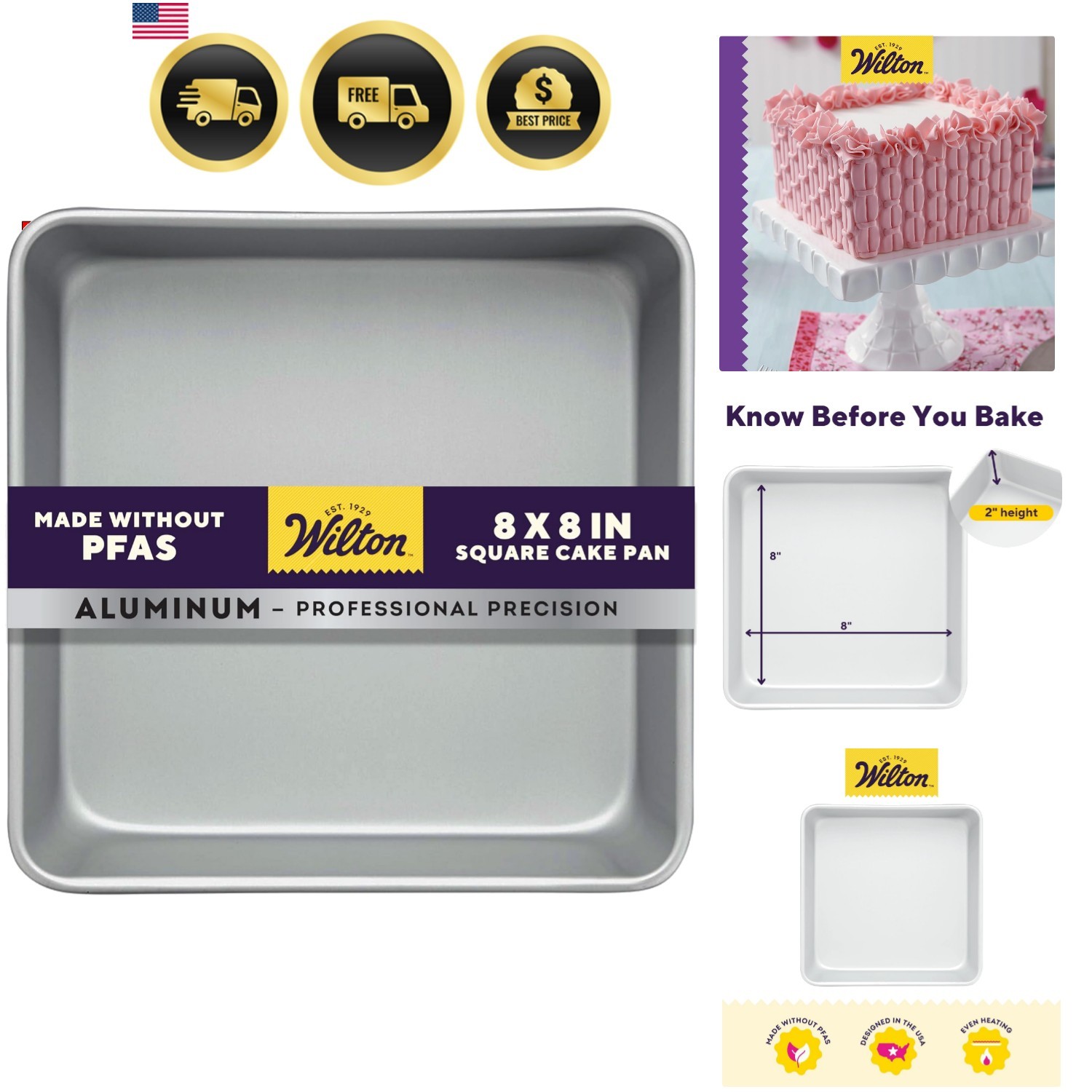Performance Aluminum Square Cake and Brownie Pan, 8-Inch, Silver