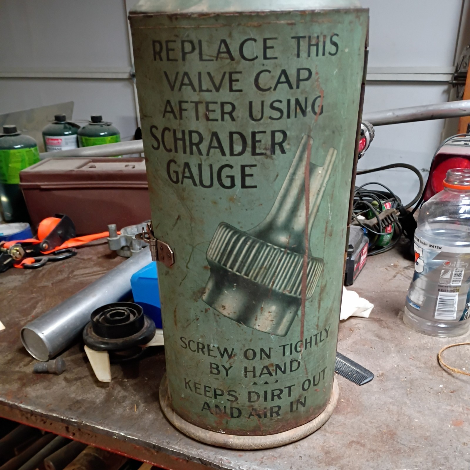 Vintage 1922 Schrader Pressure Gauge canister display counter metal & wood 16”