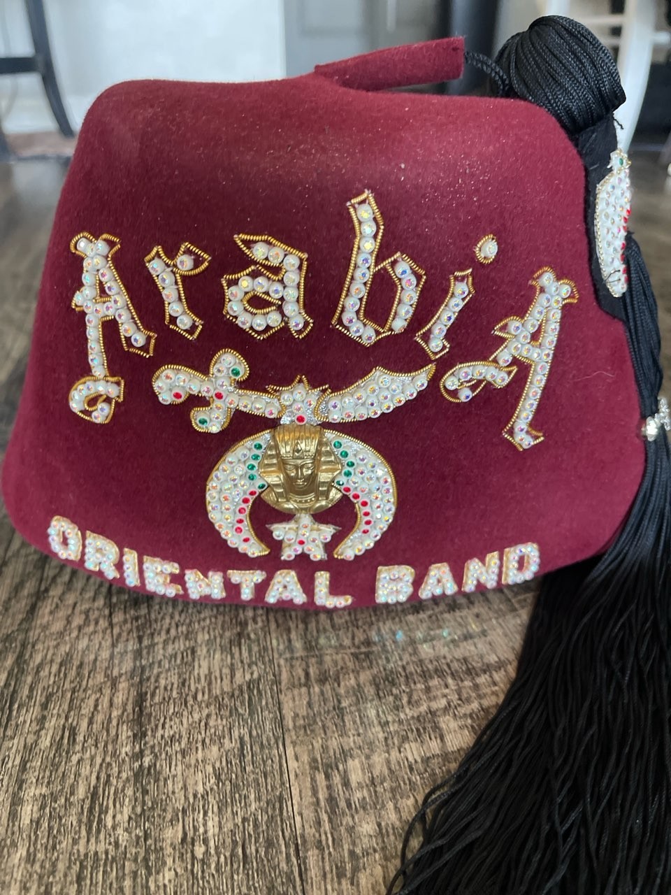 Vintage SHRINE Masonic Fez Hat ARABIA Oriental Band Rhinestone Beads & Tassel
