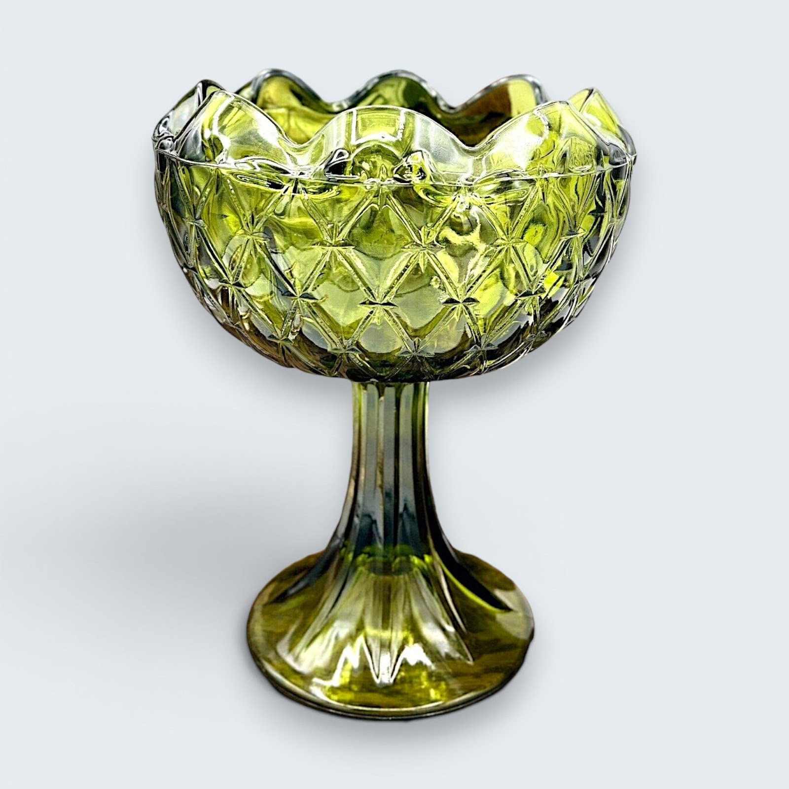 Indiana Glass Green Diamond Point Pedestal Compote Bowl Mid Century 9x7 Indiana Glass Green Diamond Point Pedestal Compote Bowl Mid Century 9x7