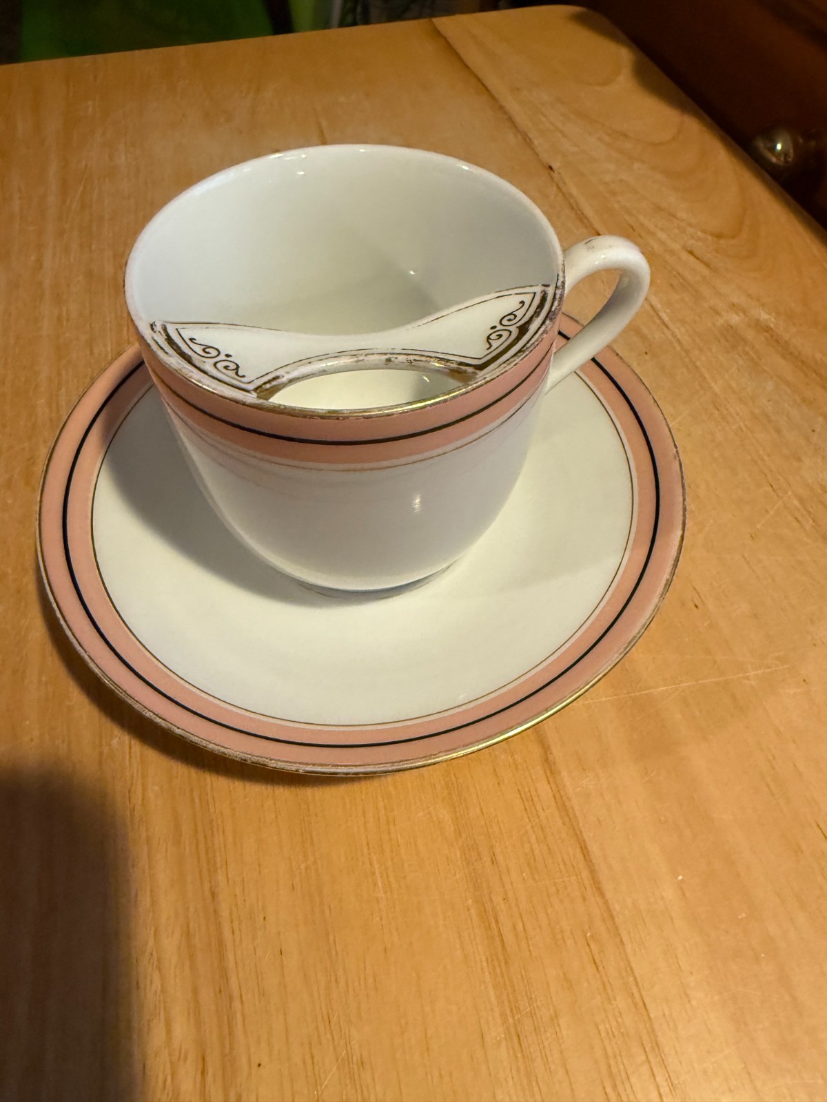 Vintage Porcelain Mustache Cup with SAUCER PINK GOLD RIM 3 1/4\