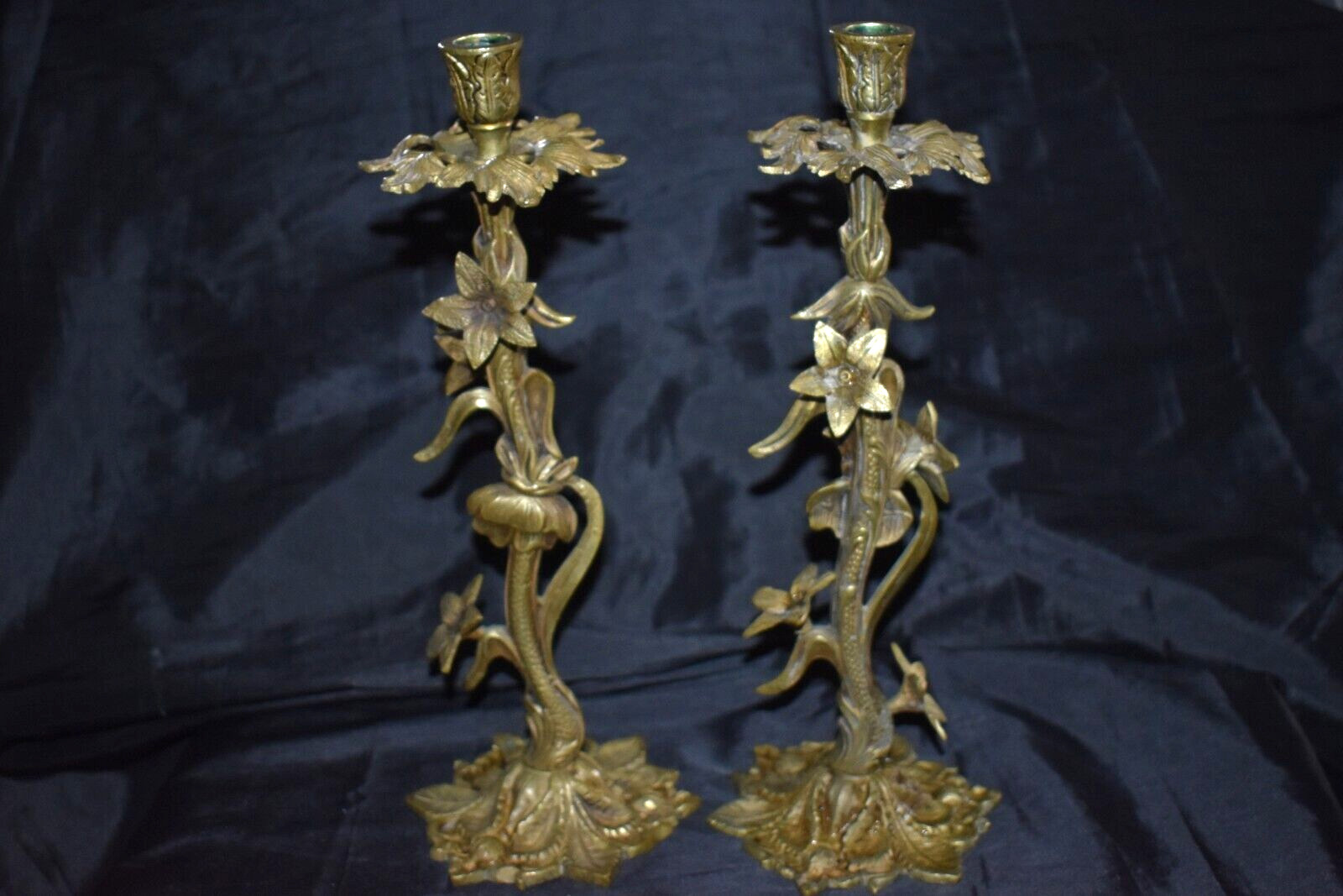 Vintage ARDALT Spain Ornate Brass Metal Flower Candlestick Candle Holder PAIR