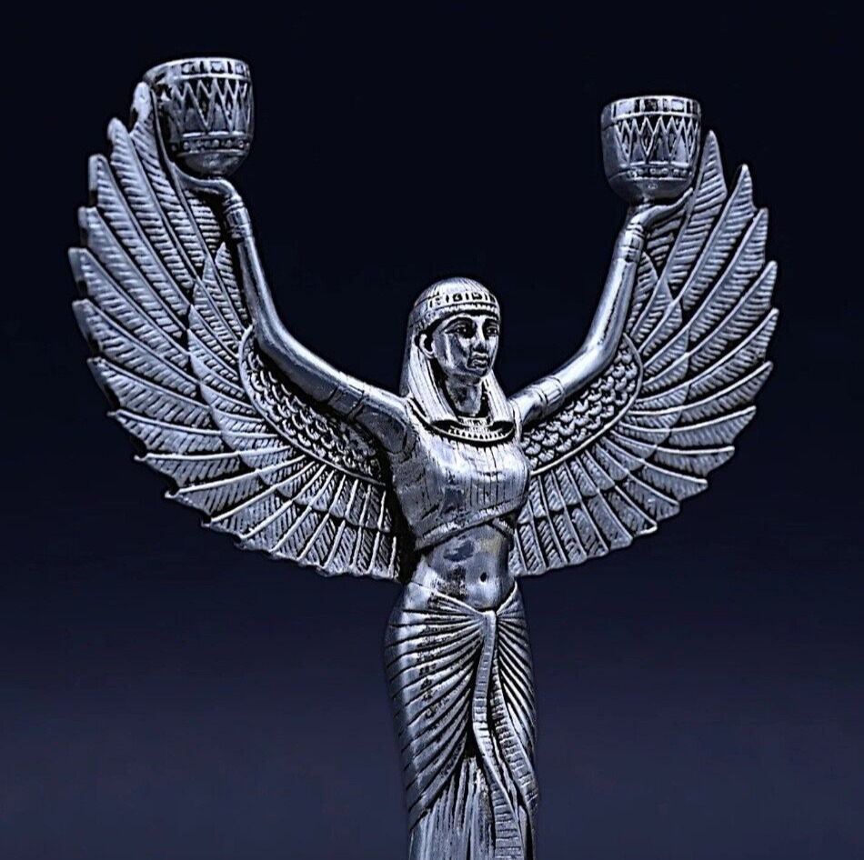 UNIQUE ANCIENT PHARAONIC ANTIQUE Winged Isis Statue Covered by Silver Leaf Bc