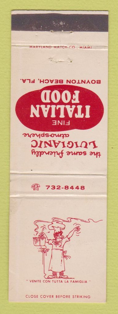 Matchbook Cover - Luigi\'s Spaghetti House Italian Food Boynton Beach FL
