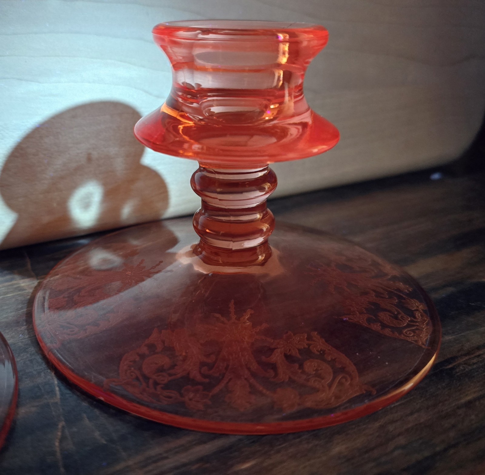 PAIR OF ETCHED PINK DEPRESSION GLASS TAPER CANDLE HOLDERS.    SELENIUM?