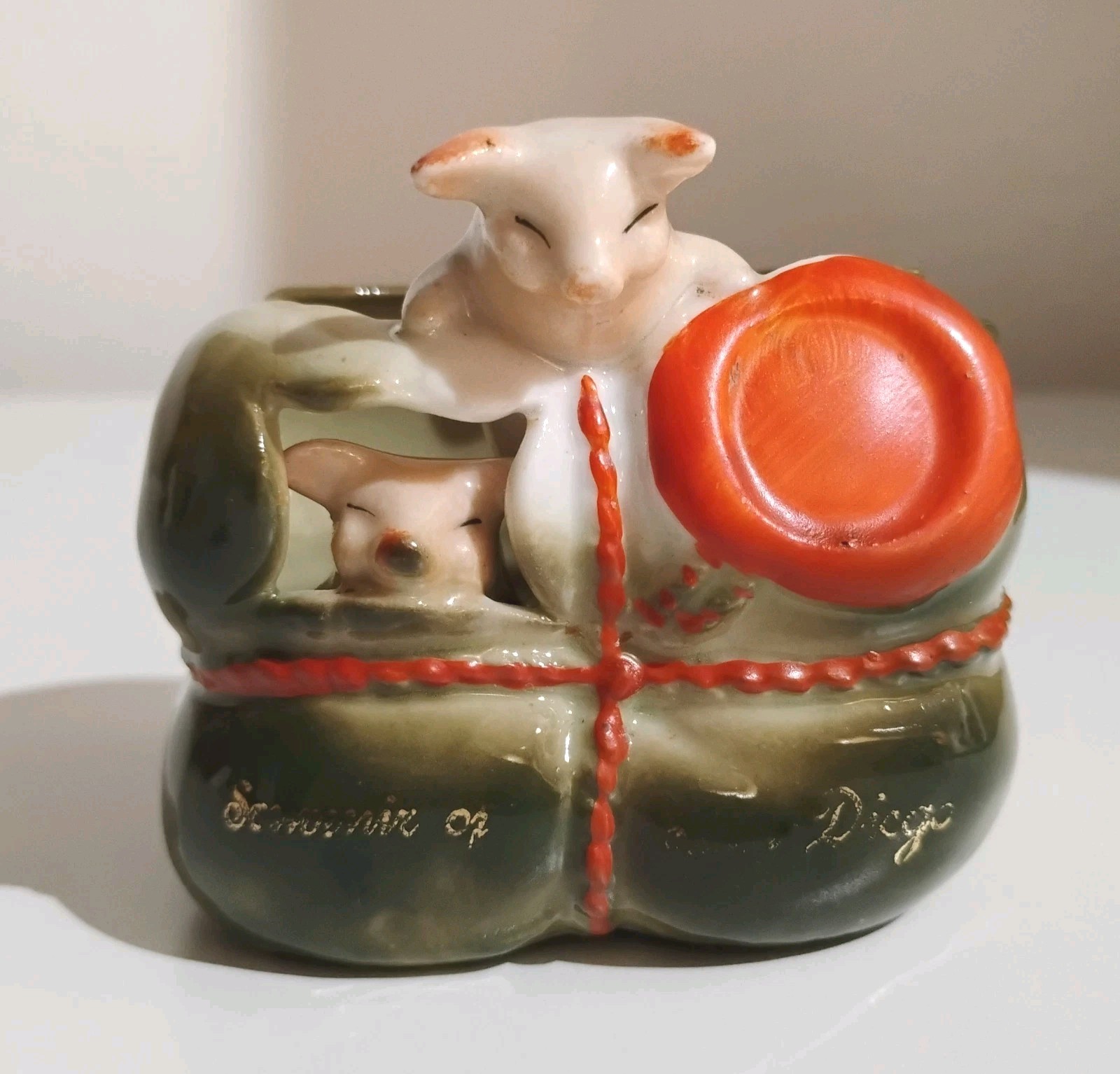 Antique German Fairing Pink Pigs In A Parcel Porcelain Dish Souvenir San Diego 
