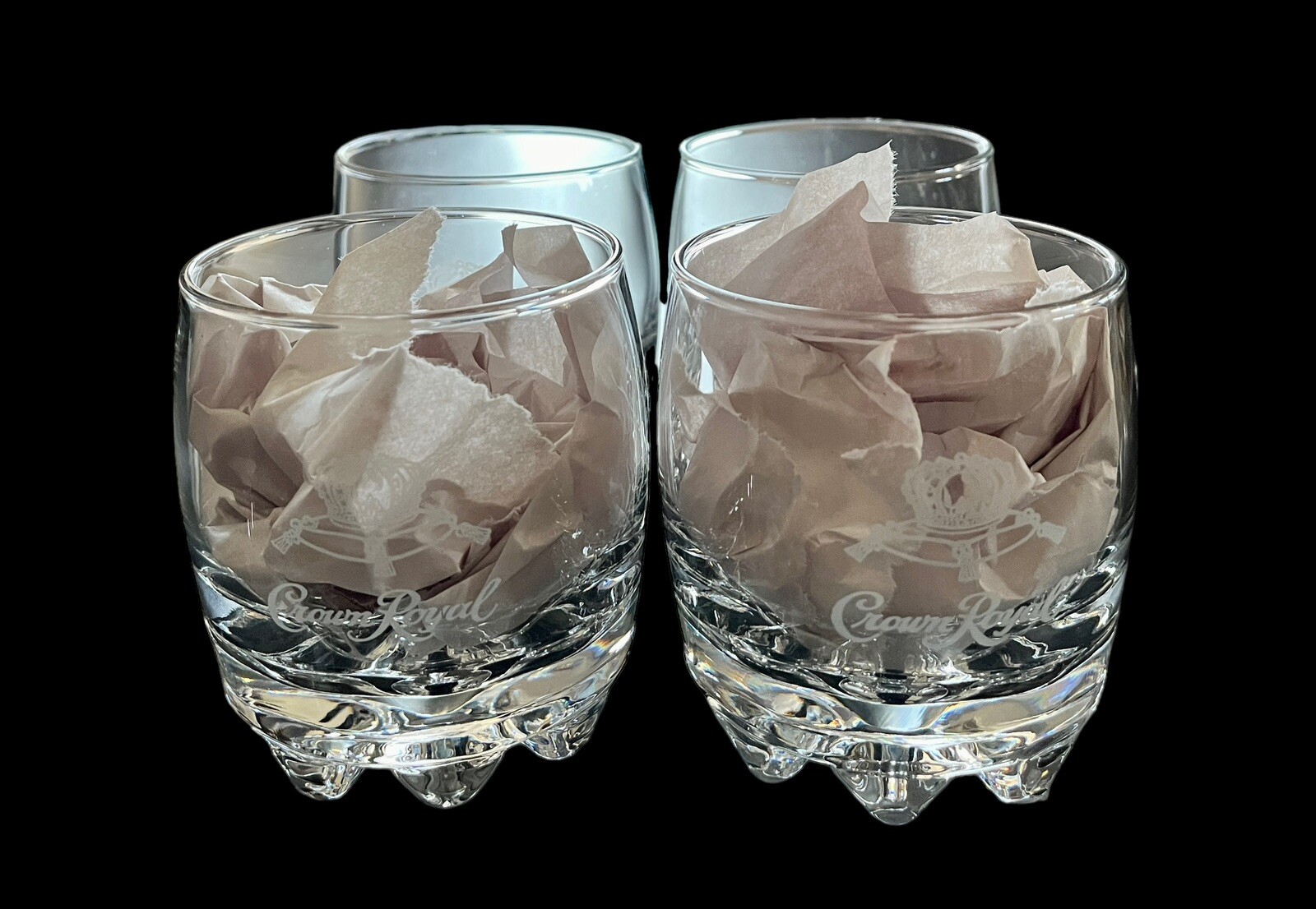 4 Vintage CROWN ROYAL Cursive White Satin Etch SUNBURST Base Rocks Glasses EUC