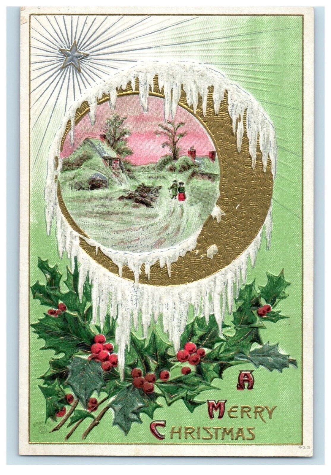 c1910's Merry Christmas Winter Snow Holly Berries Embossed Antique Postcard