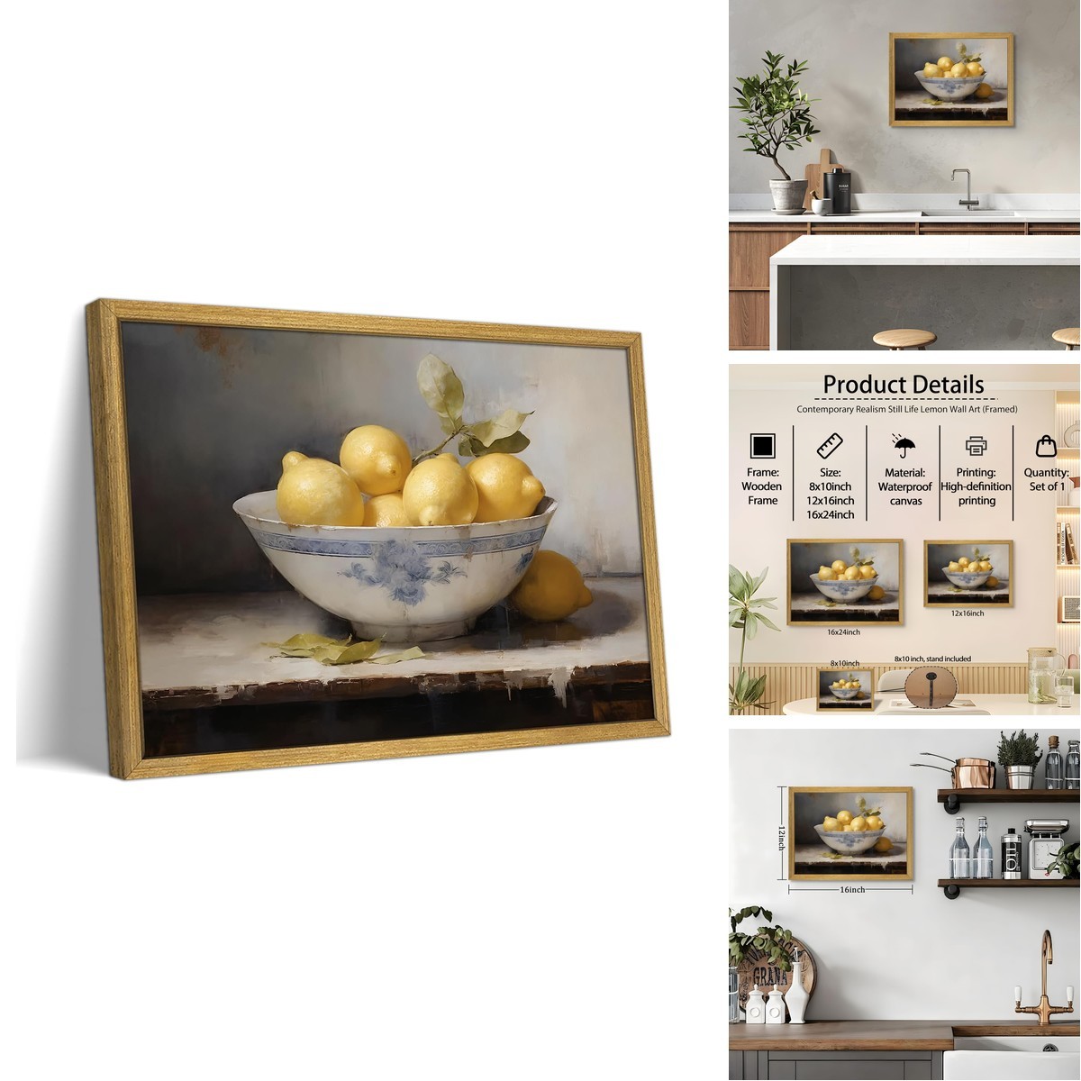 Wanyun Vintage Kitchen Wall Decor, Dining Room Wall Art, Yellow Lemon Still
