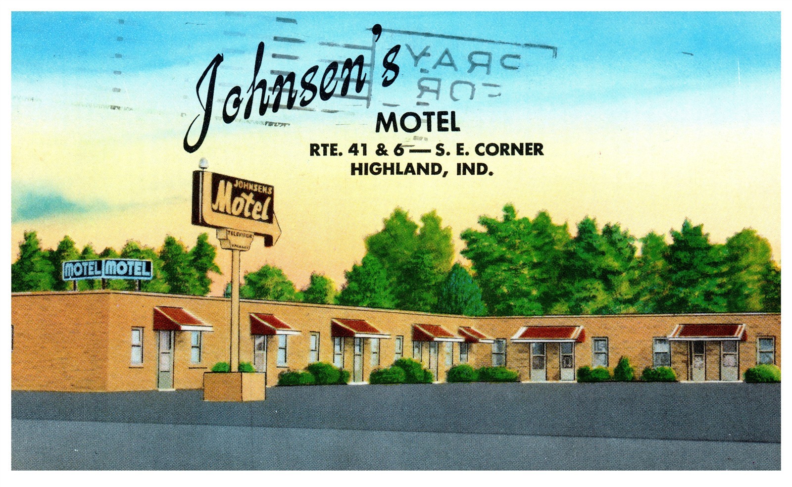 Vintage Postcard Johnsen’s Motel Highland Indiana Route 41 & 6 Street View