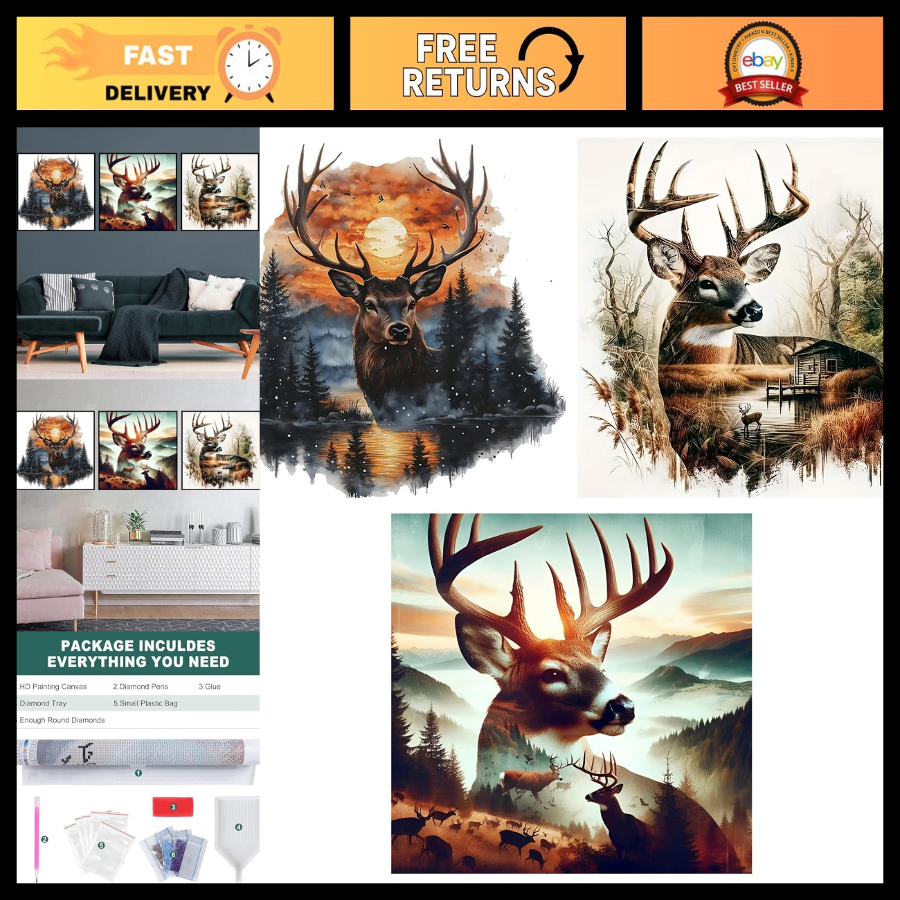 Xylogist 3 Packs Deer Diamond Art Kits for Adults 13.8x13.8 Inches