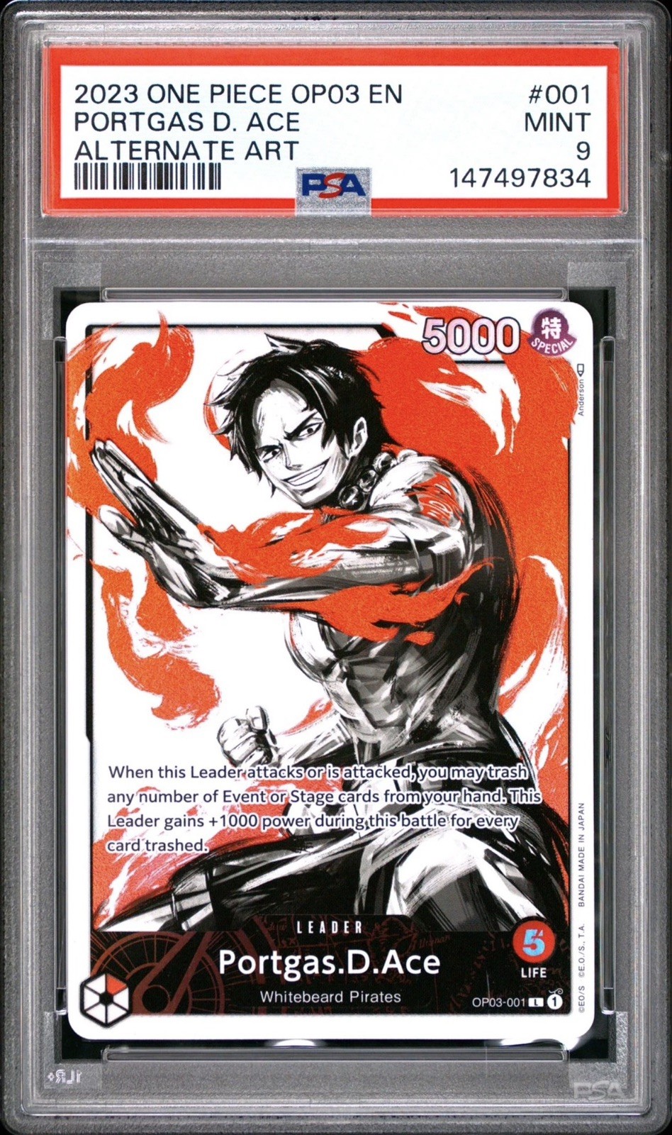 2023 One Piece OP03-001 10 Portgas D. Ace Alt Art Leader English PSA 9