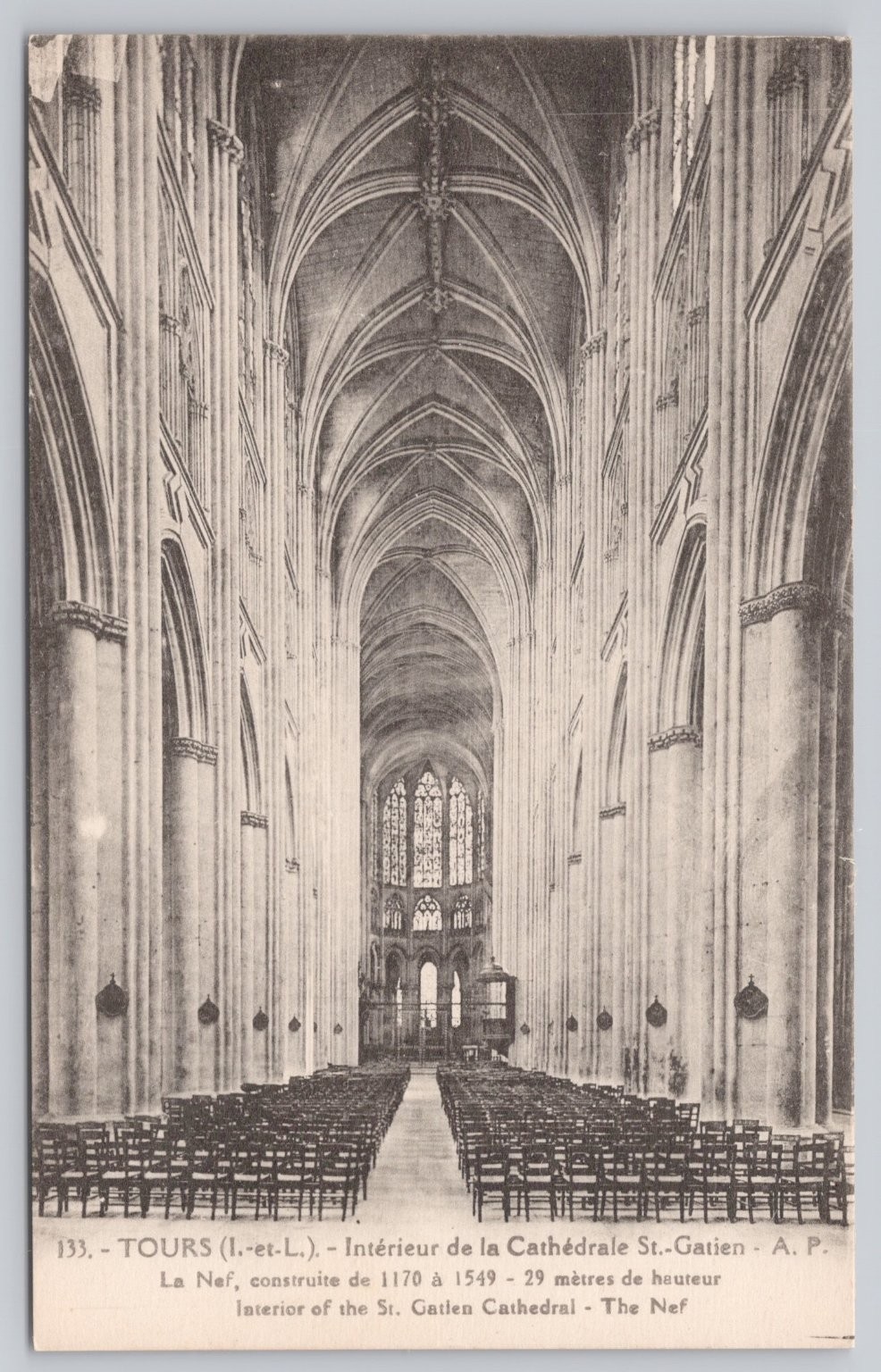 Vintage Postcard Interior St. Gatien Cathedral Tours France 1170-1549
