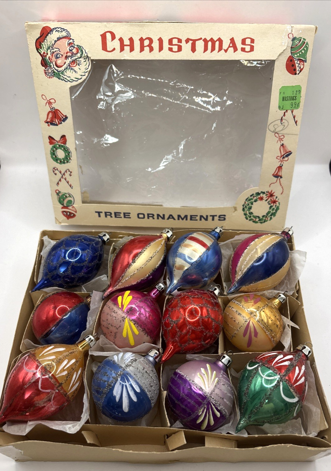 Vintage Mercury Glass Ornaments Poland Set Of 12 In Original Box w/ Mica, 2\