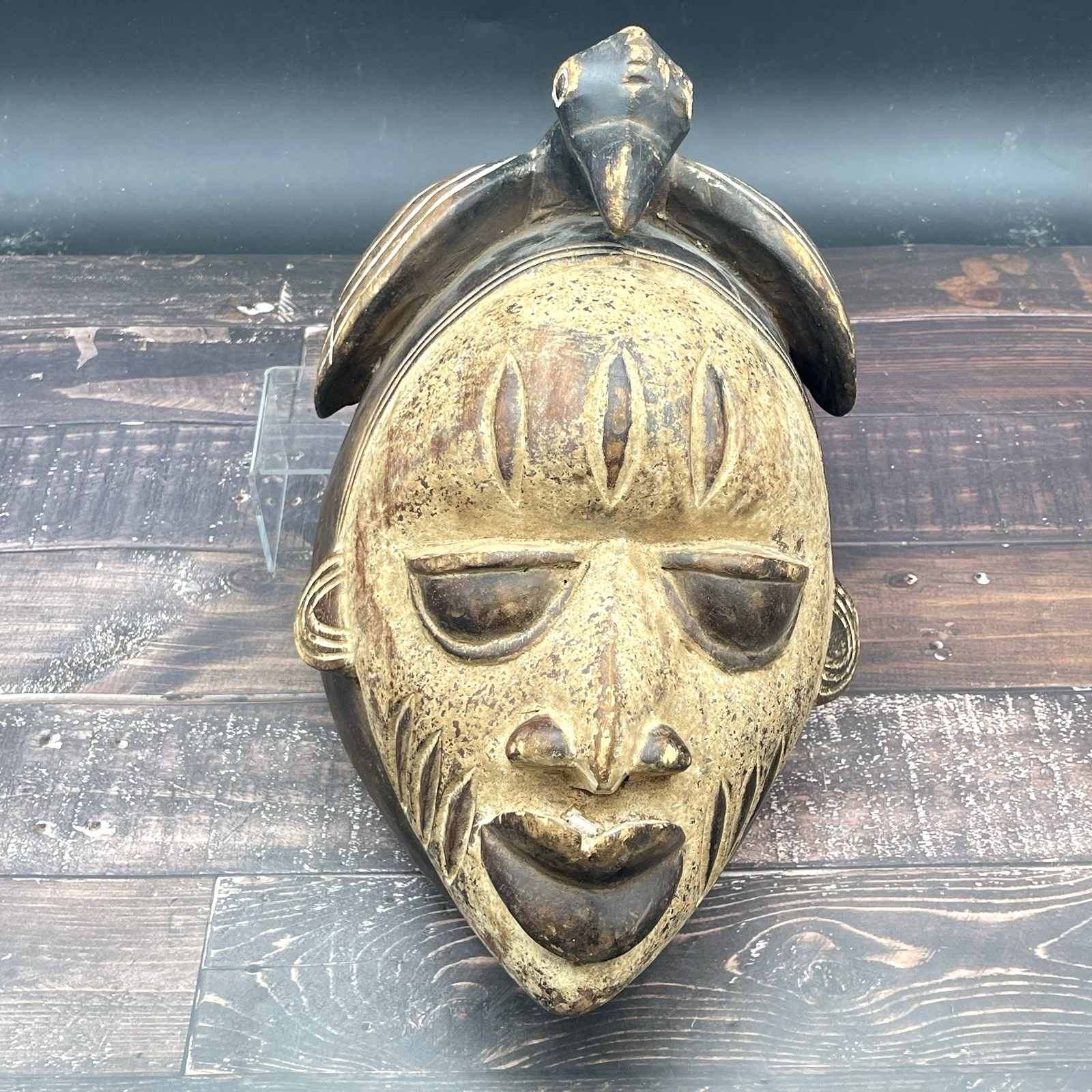 Vtg Authentic Hand Carved African Hardwood Tribal Mask Black Crow Headdress 15