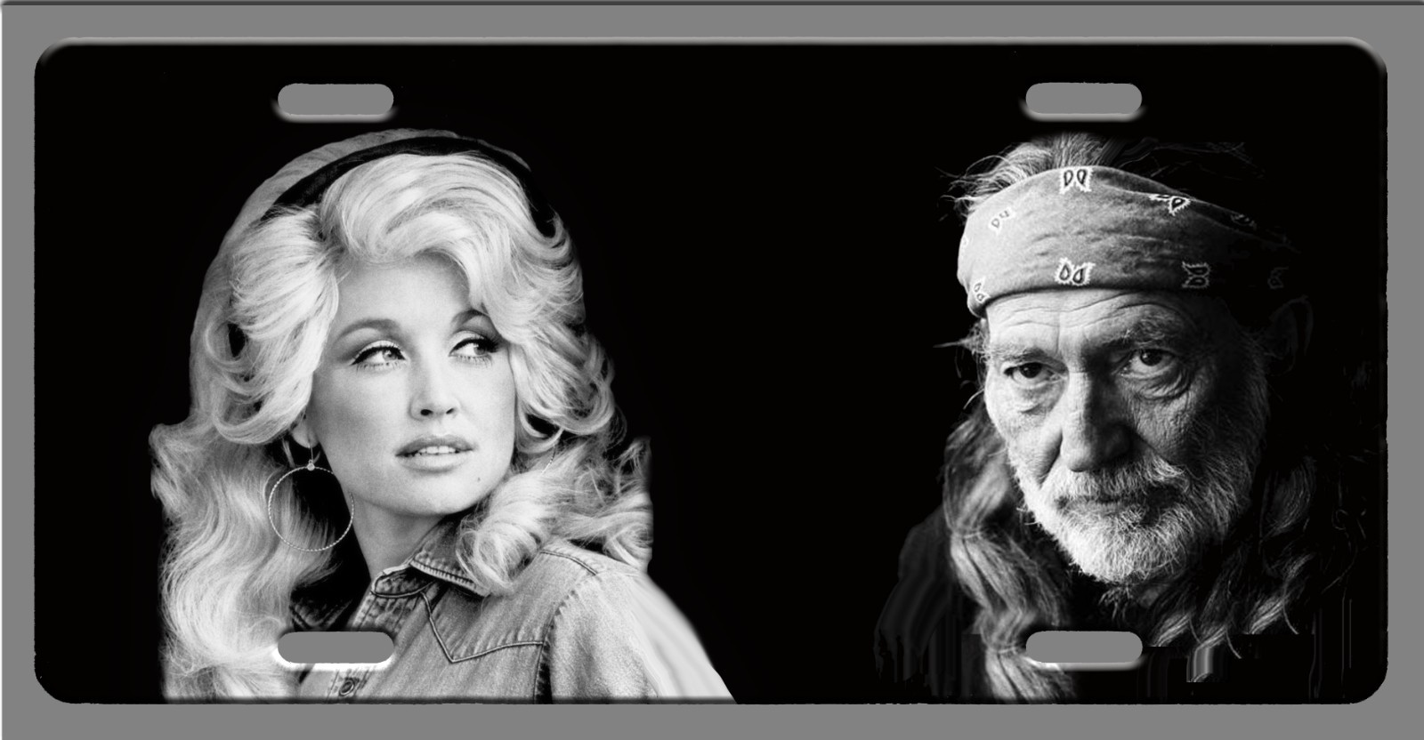L@@K Classic Dolly Parton & Willie Nelson B&W Photos on Black License Plate