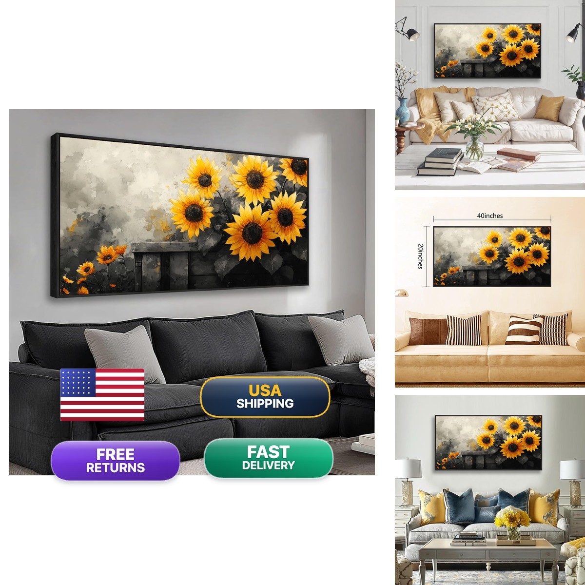 The Mode Art Sunflower Canvas Painting 20x40 Black and Yellow Wooden Frame
