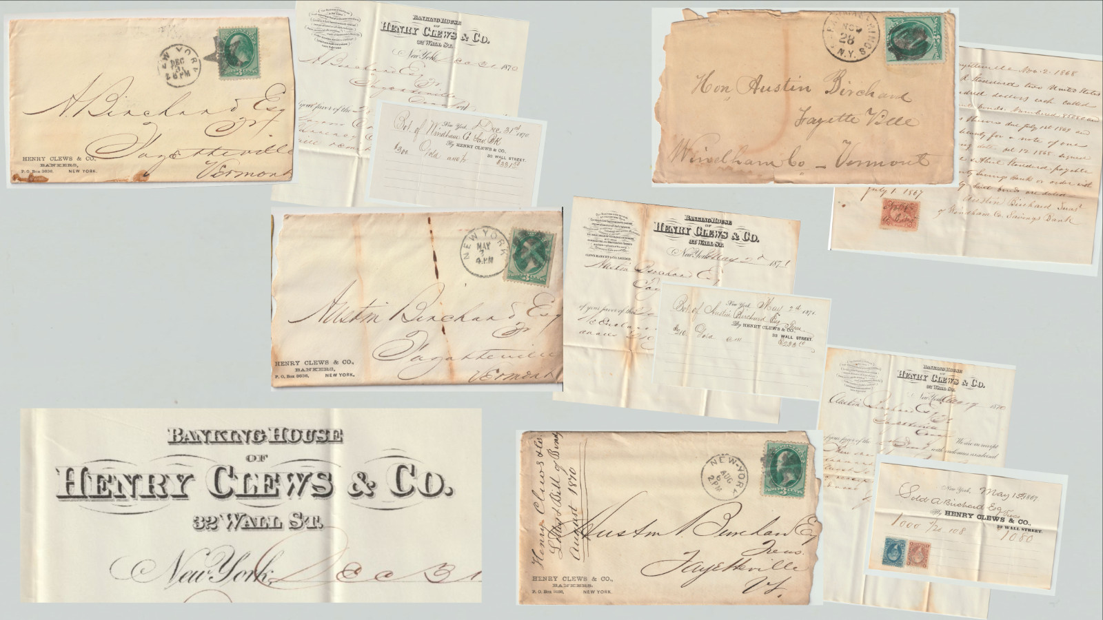 1867-1872 Henry Clews Wall St Banking Archive 4 Covers Gold Bonds Revenue