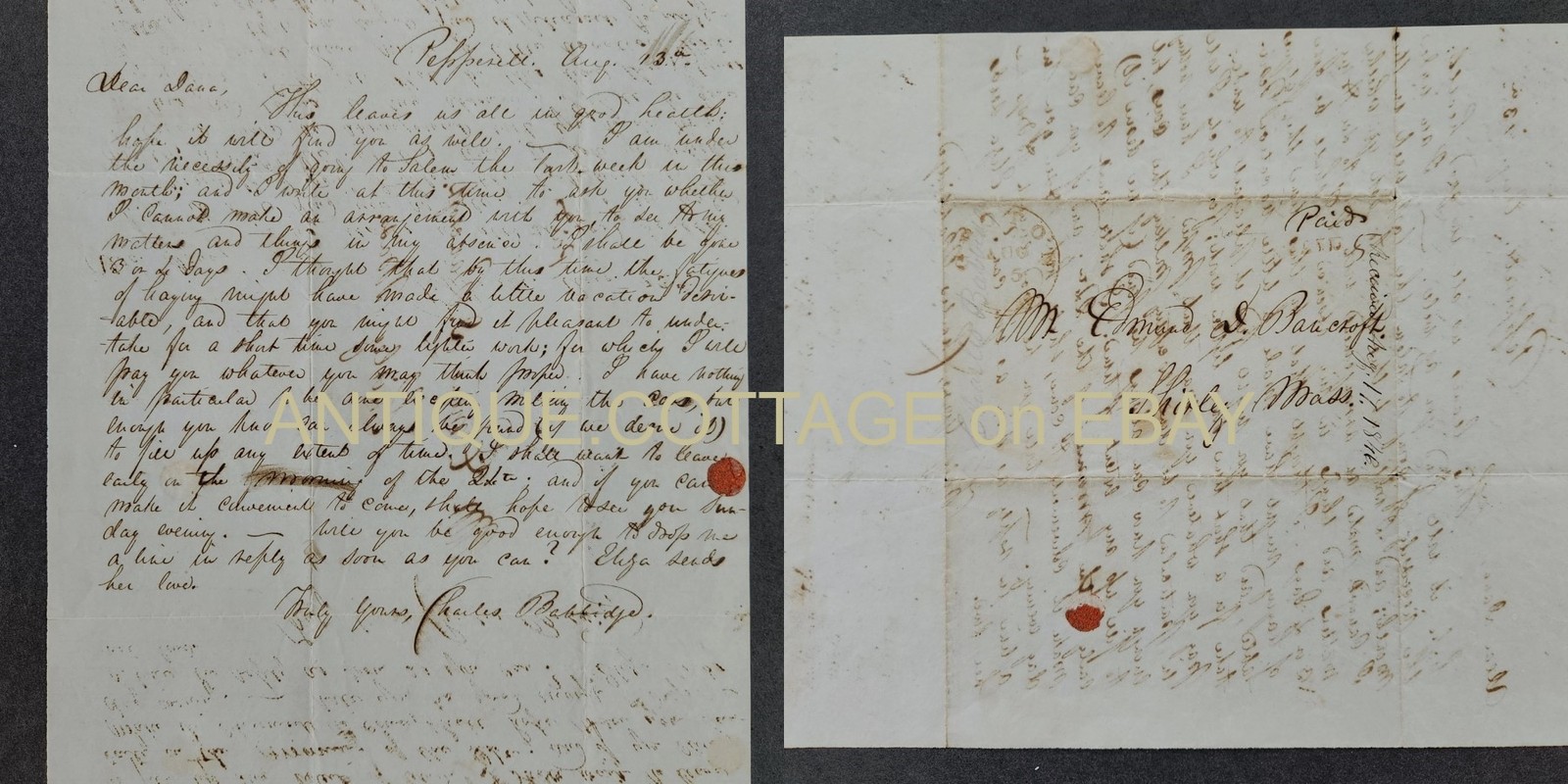 1846 antique STAMPLESS COVER LETTER pepperell ma REV BABBIDGE shirley BANCROFT