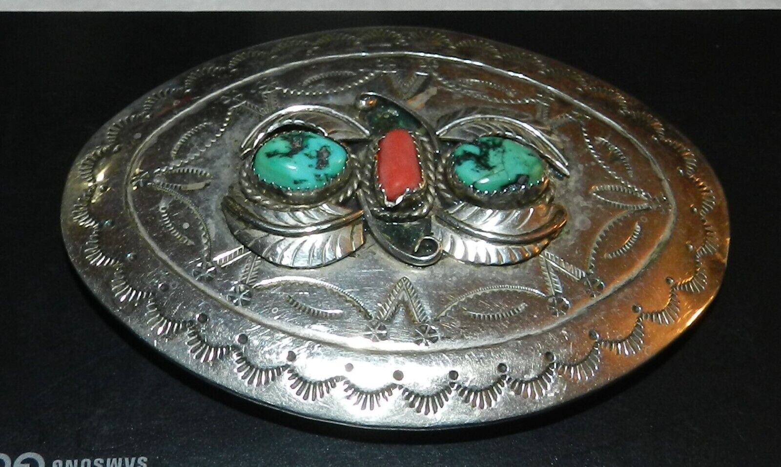 NEW Vintage Nickel Silver w/Turquoise/Coral Western/Native American Belt Buckle