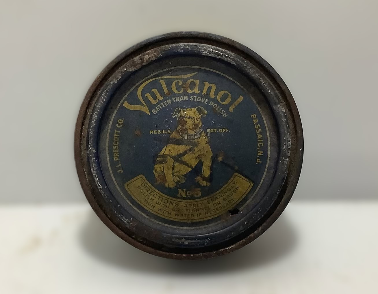 Vintage Vulcanol Better Than Stove Polish Bulldog Graphics Tin 3 1/4oz Can