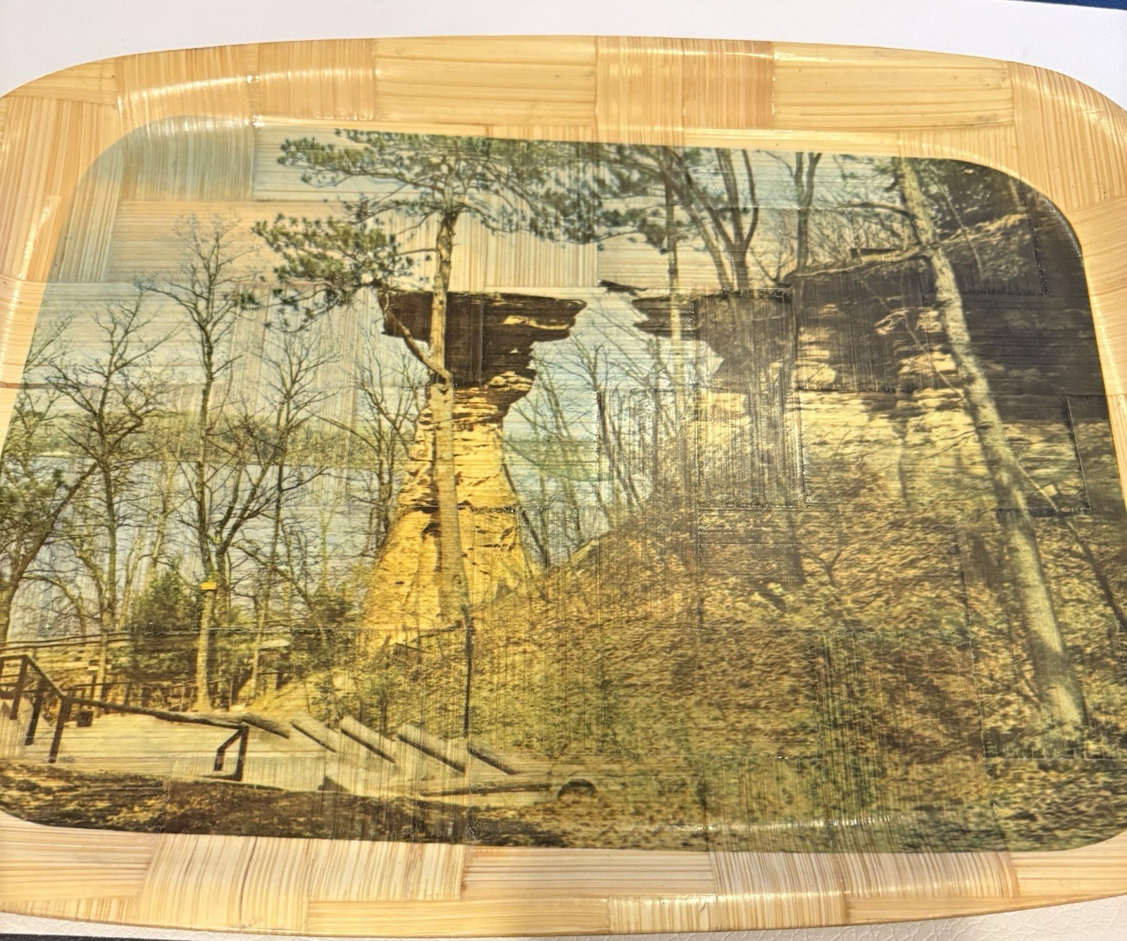 Vintage 1950S Wisconsin Dells 10”Bamboo Souvenir Tray, Stand Rock.