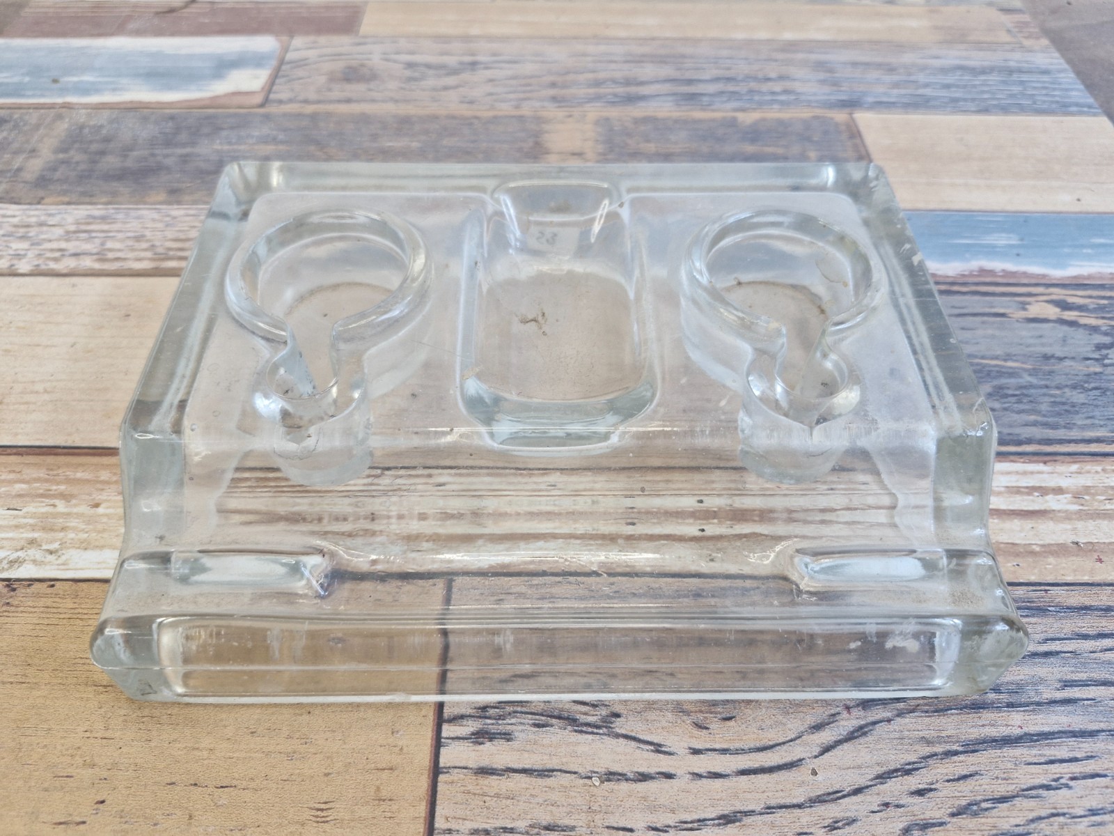 Rare Vintage Clear Pressed Glass Double Inkwell Desk Organizer with Pen Rests S3