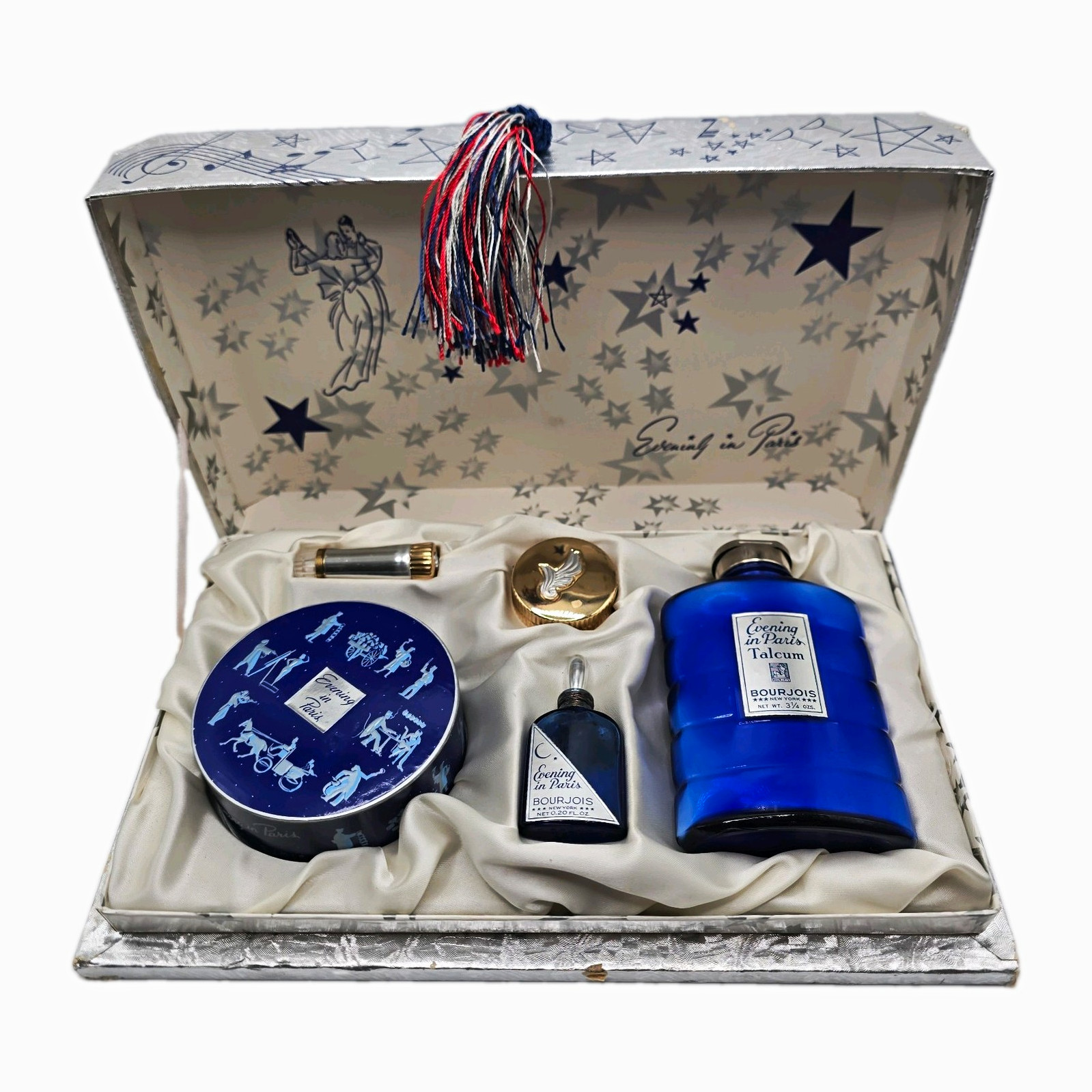 Vtg 1940s Bourjois Evening in Paris Gift Set UNUSED Face Powder Rouge Talc Box