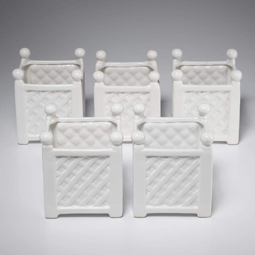 VTG Mid‑Atlantic Pottery White Cachepot Planters Woven Lattice Fence Square 5pc