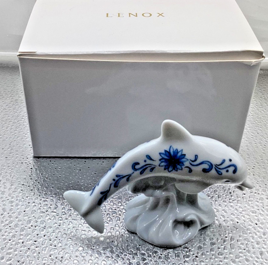 Lenox Dolphin Riding Wave Figurine Blue Floral 2.25”Porcelain w/ box kb