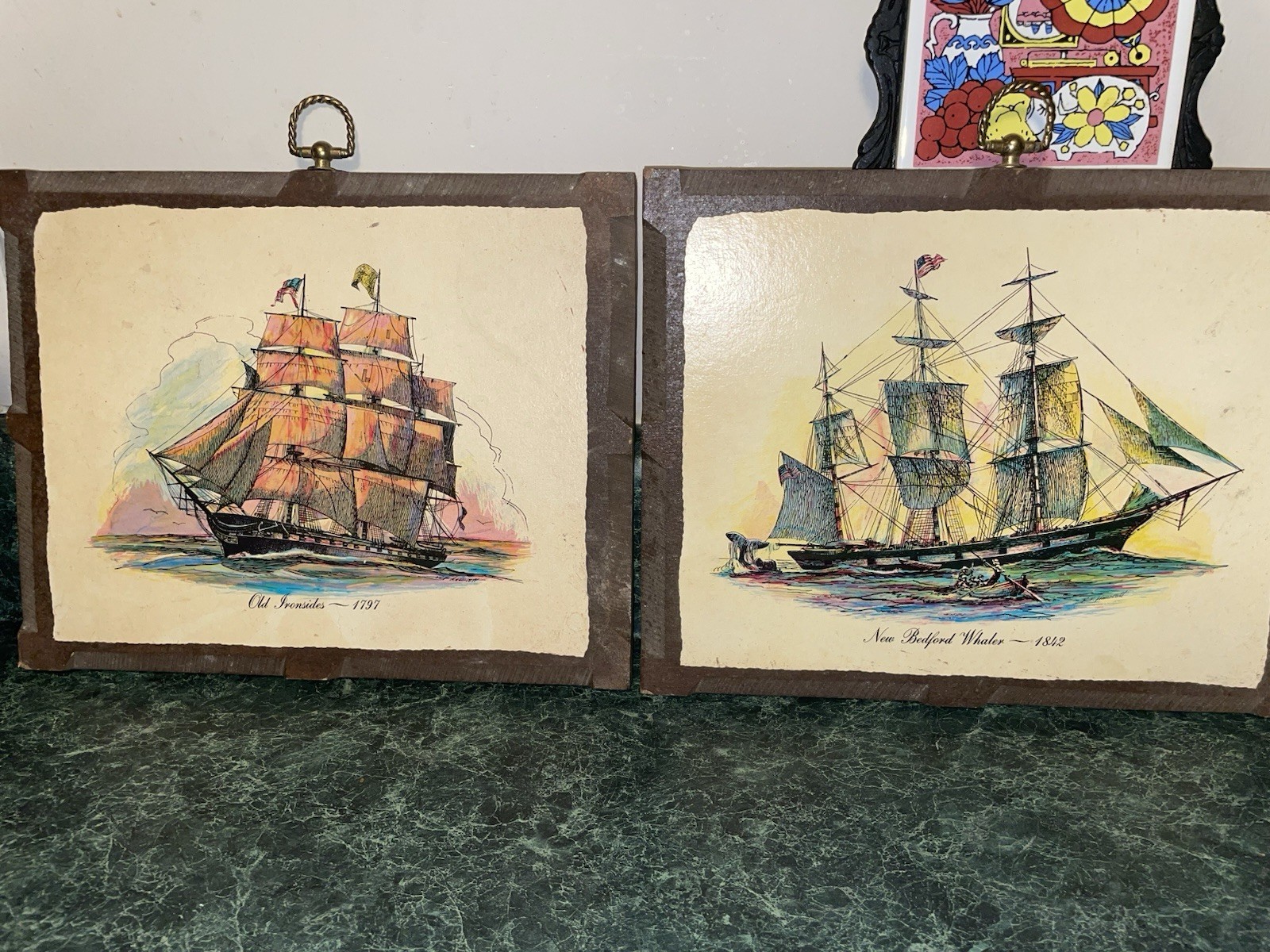 Set of 2 Vintage  11X9 Wooden Wall Art Plaque Of Nautical Ships