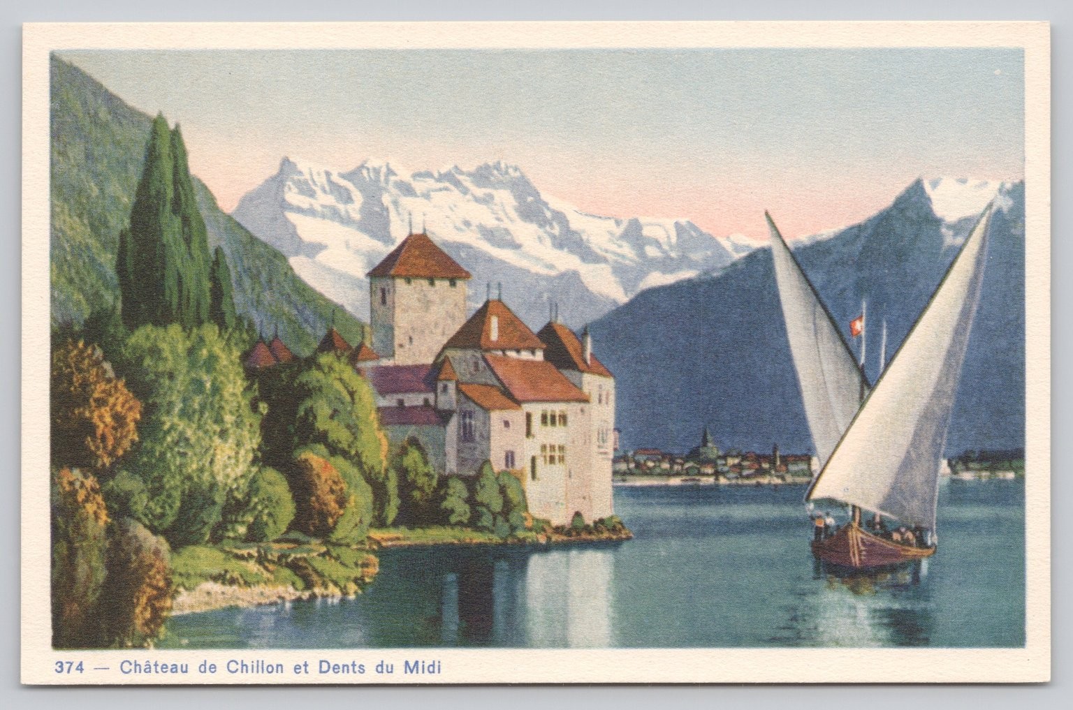Vintage Linen Postcard Château de Chillon and Dents du Midi Switzerland