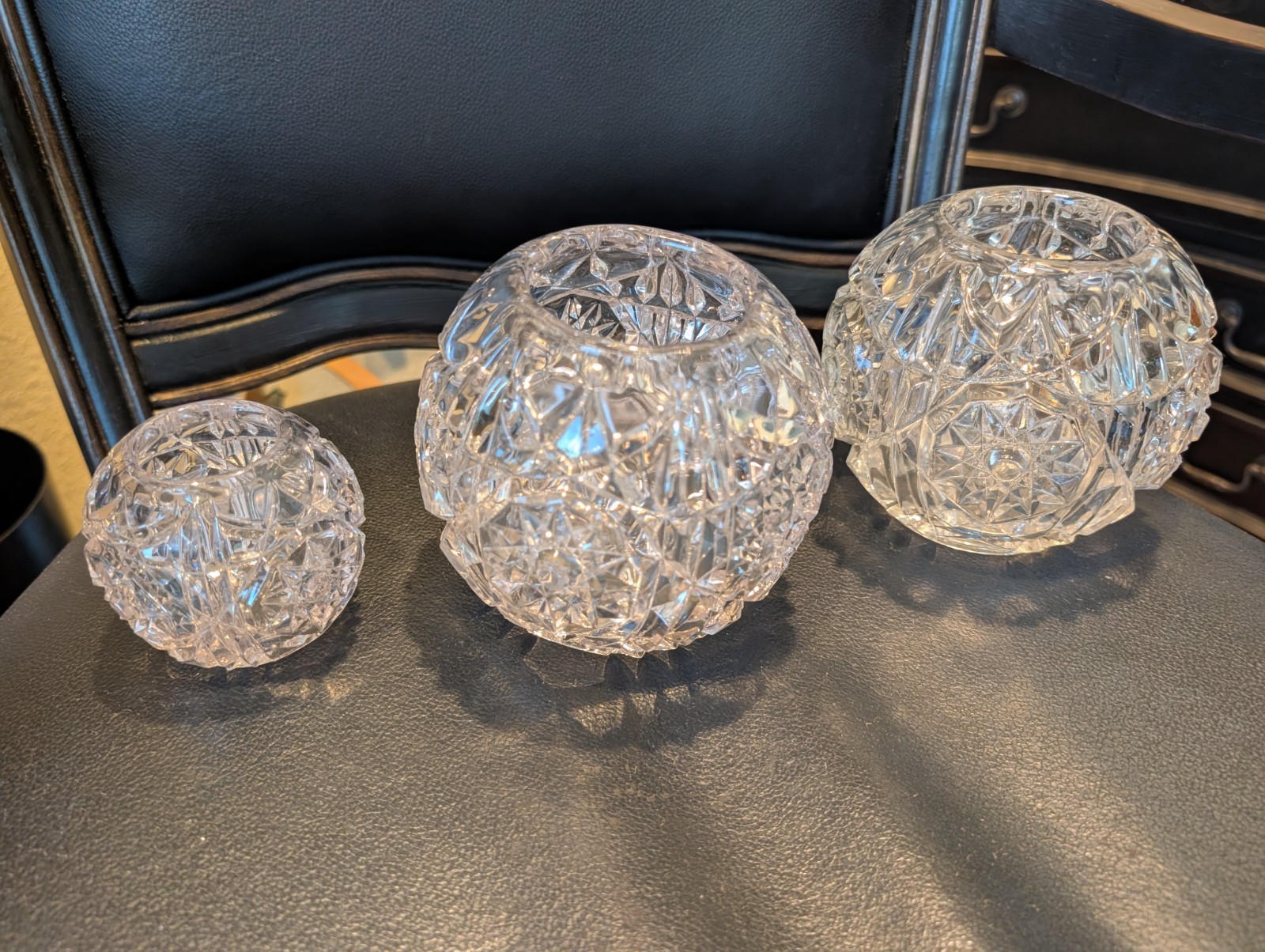 Vintage Clear Cut Crystal Rose Bowls/Candle Holders, Graduated Set of 3, Hobstar