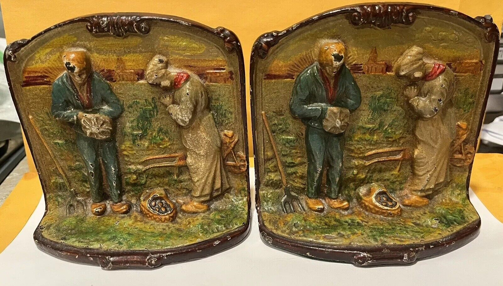Vintage Cast Iron Bookends Praying Couple Over the Harvest