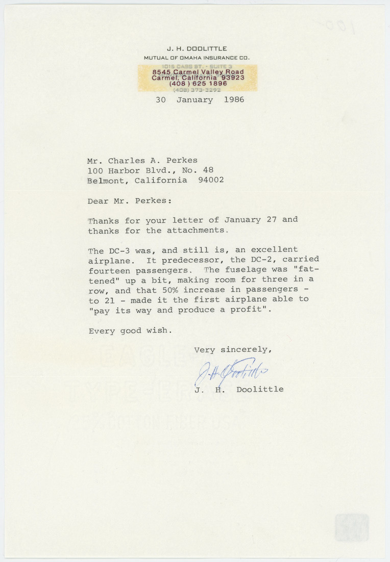 Jimmy Doolittle Military General Autographed Signed Letter AMCo COA 28361