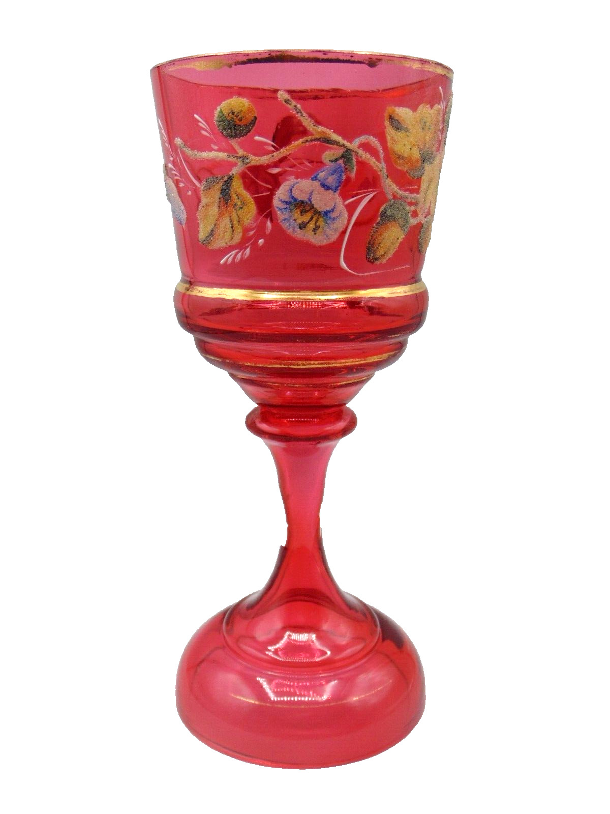 Antique Bohemian Cranberry Hand Painted Coralene Art Glass Wine Chalice Goblet