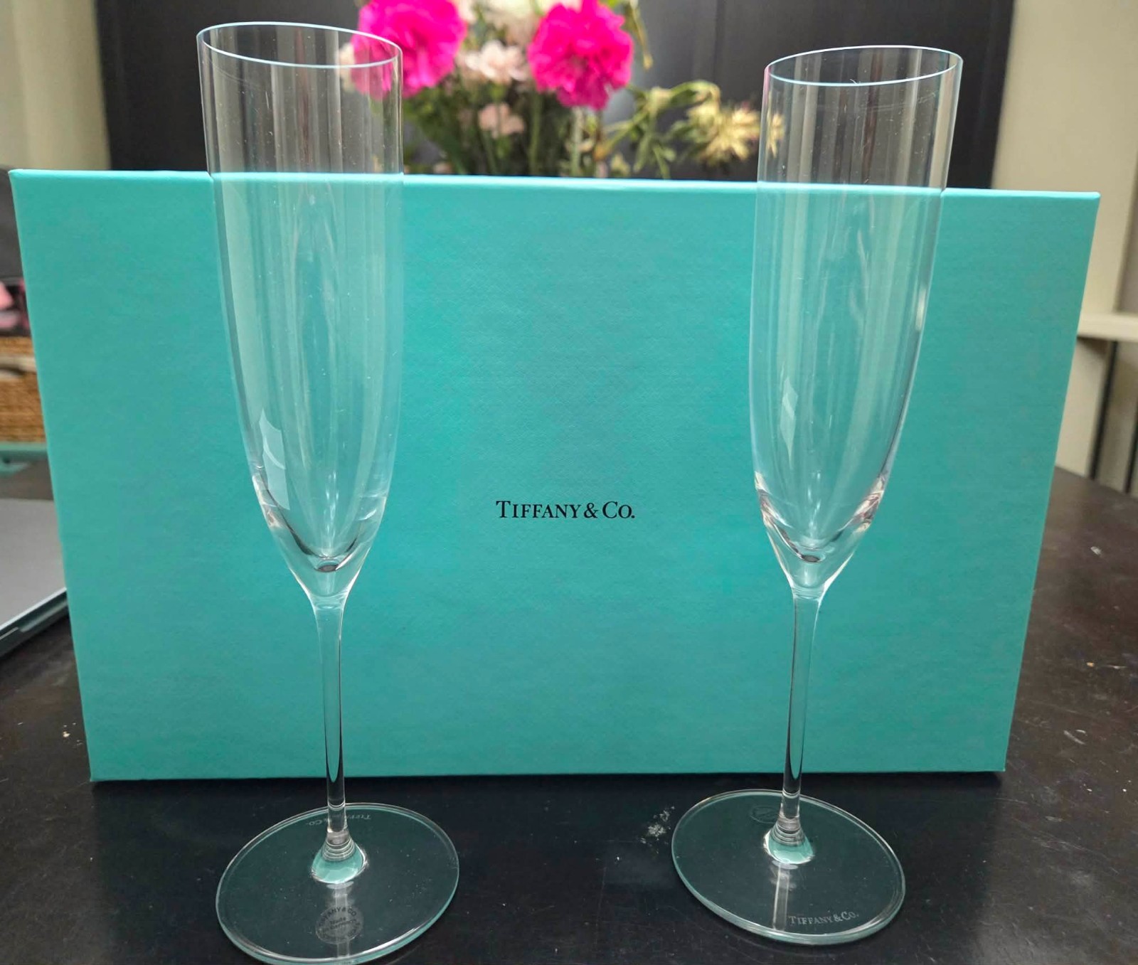 Tiffany & Co. Crystal Champagne Flutes Pair New in Box Wedding Gift Set