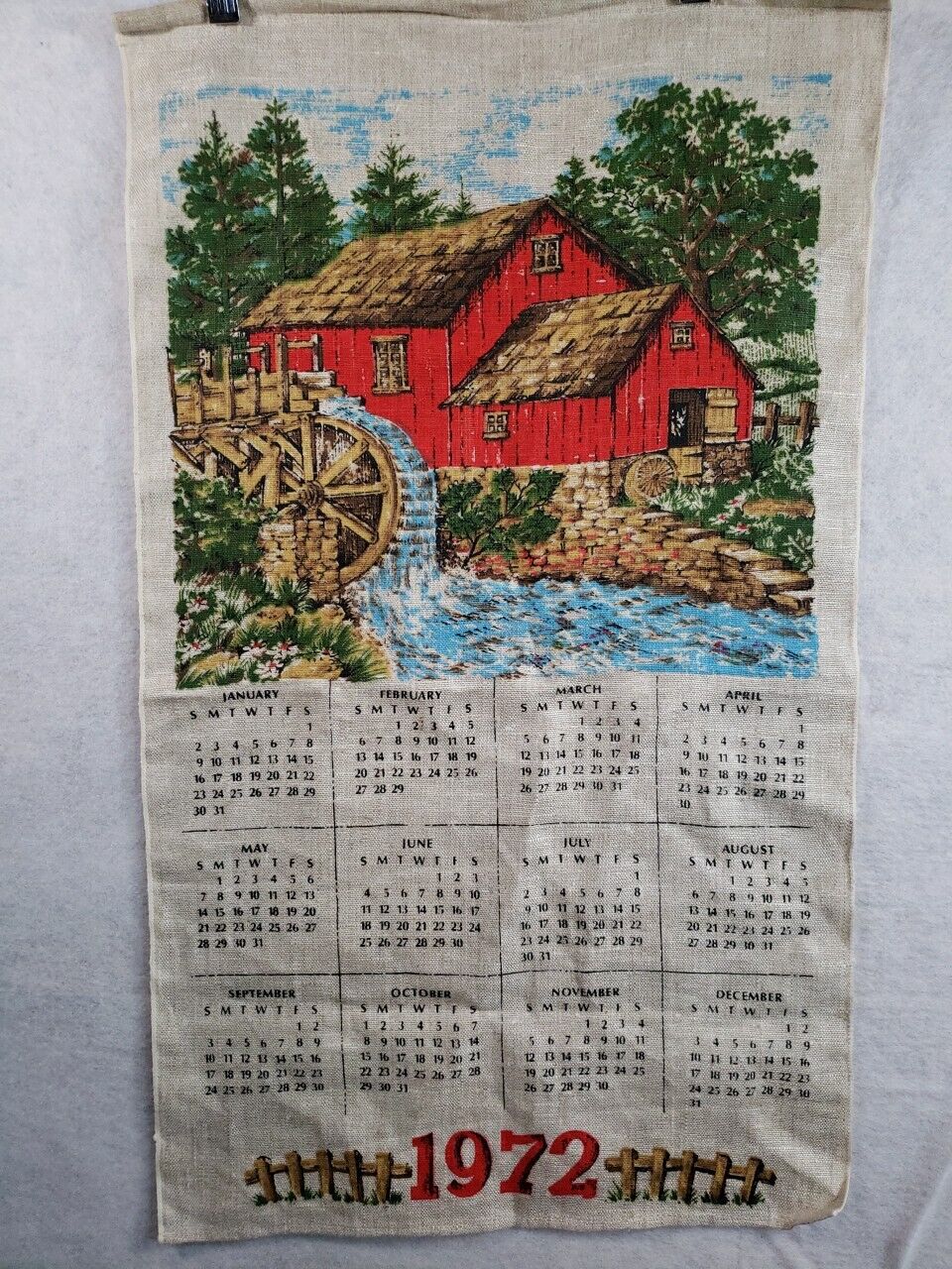 1972 cloth calendar Barn Water Wheel Vintage 