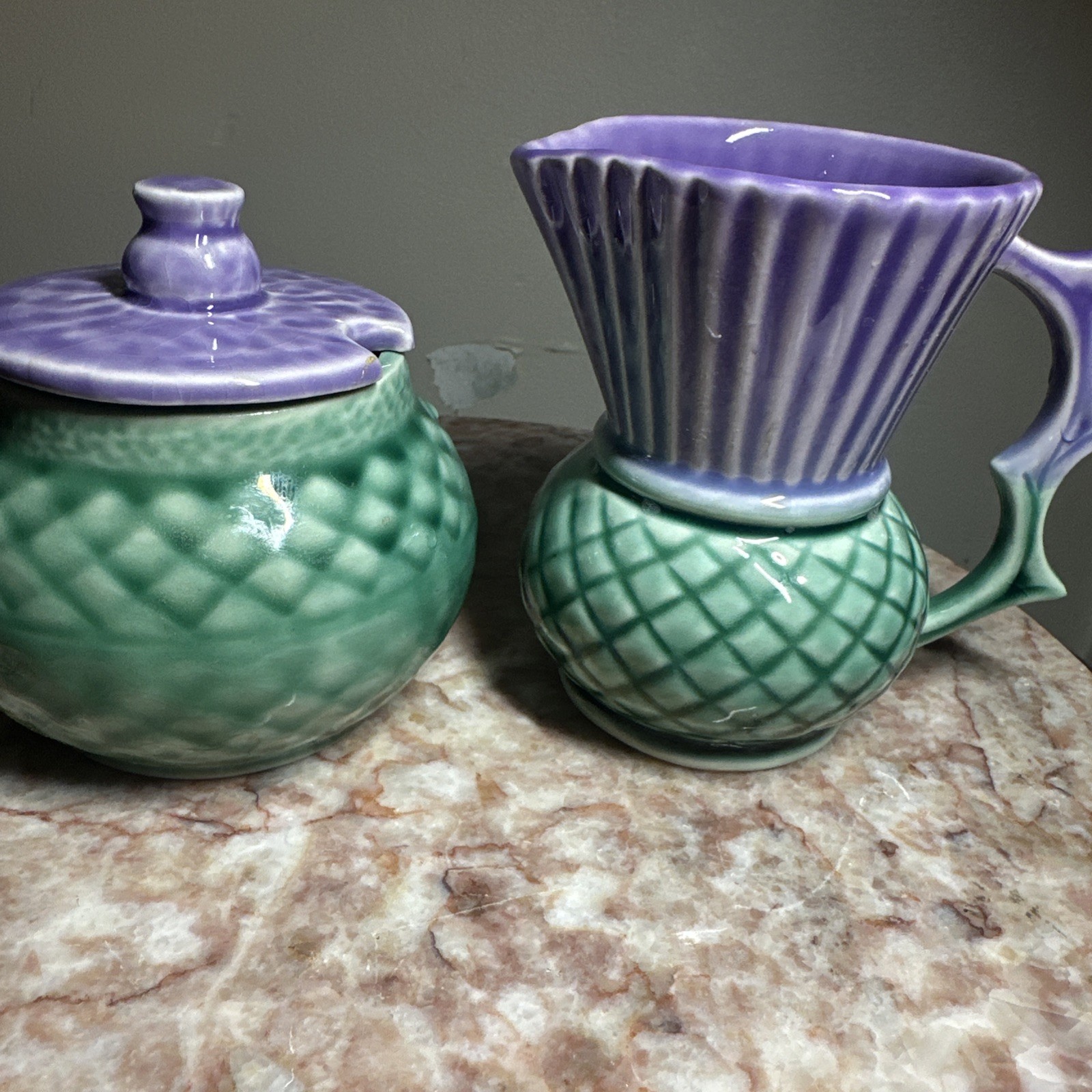 Scottish Highland THISTLE CERAMIC Creamer And Sugar With Lid Rare