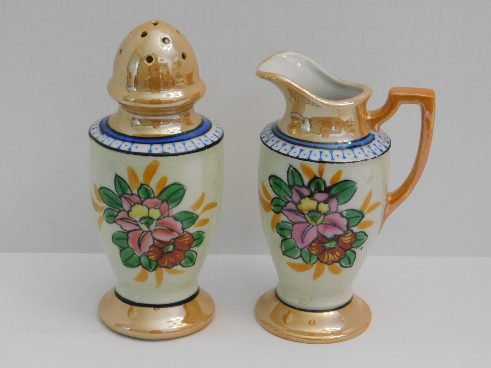 Vintage Muffineer Sugar Shaker & Syrup Pitcher Creamer Hand Painted Japan