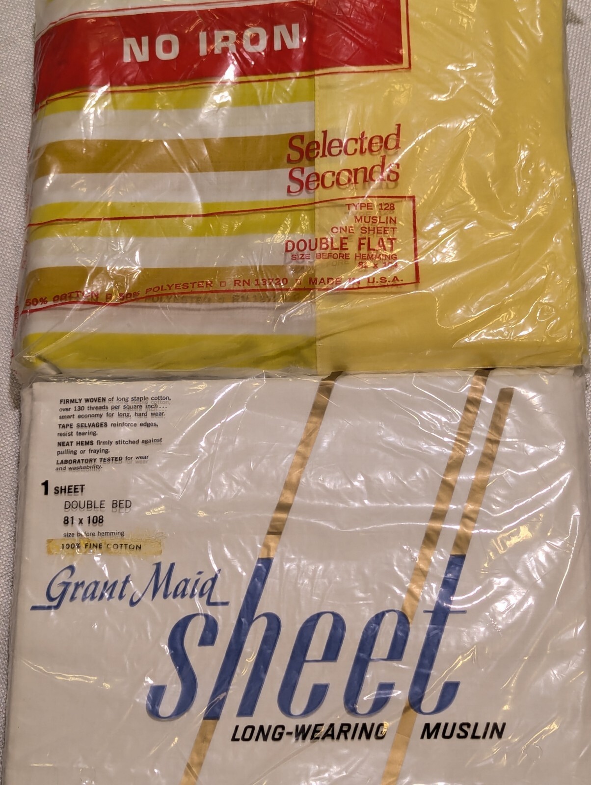 2 MCM 60\'s BOHO Double FLAT Sheet Yellow Stripe White Cotton Muslin New Vintage 
