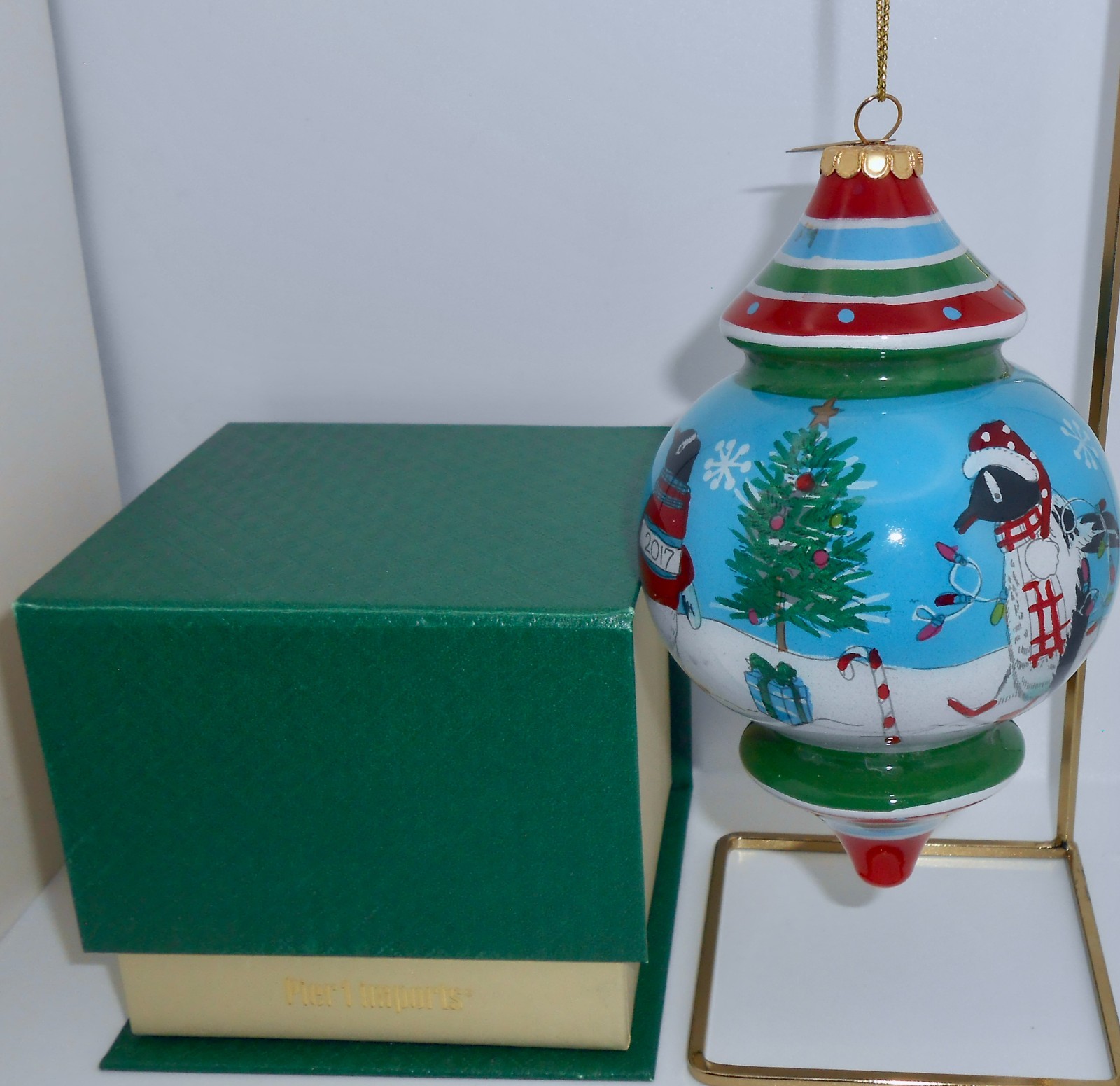 PIER 1 Li Bien 2017 PENGUINS Teardrop Glass Christmas Ornament Inside Paint H87