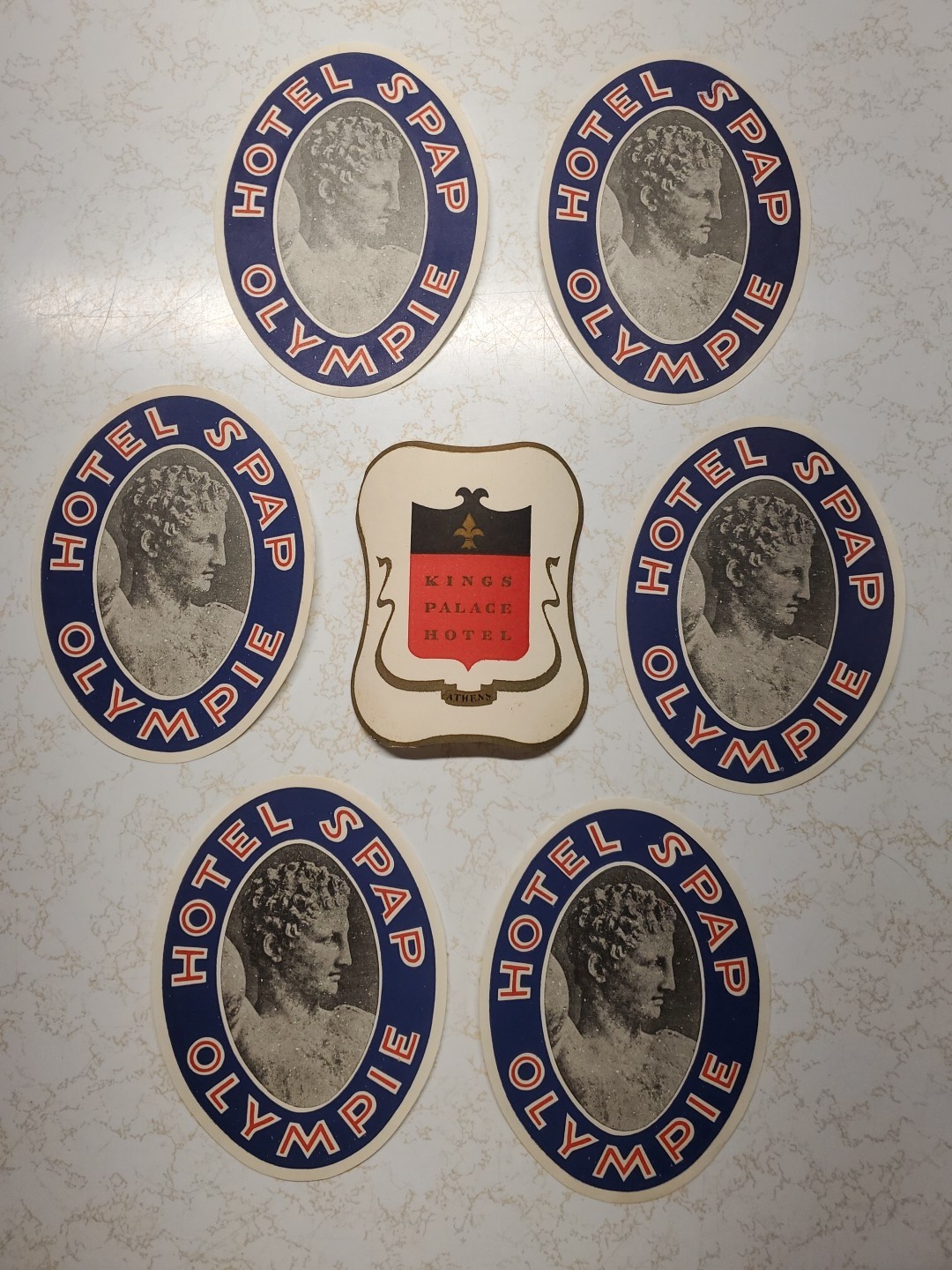 7 Vintage 1950\'s Greek Greece King\'s Palace, Olympie Hotel Luggage Tags Stickers