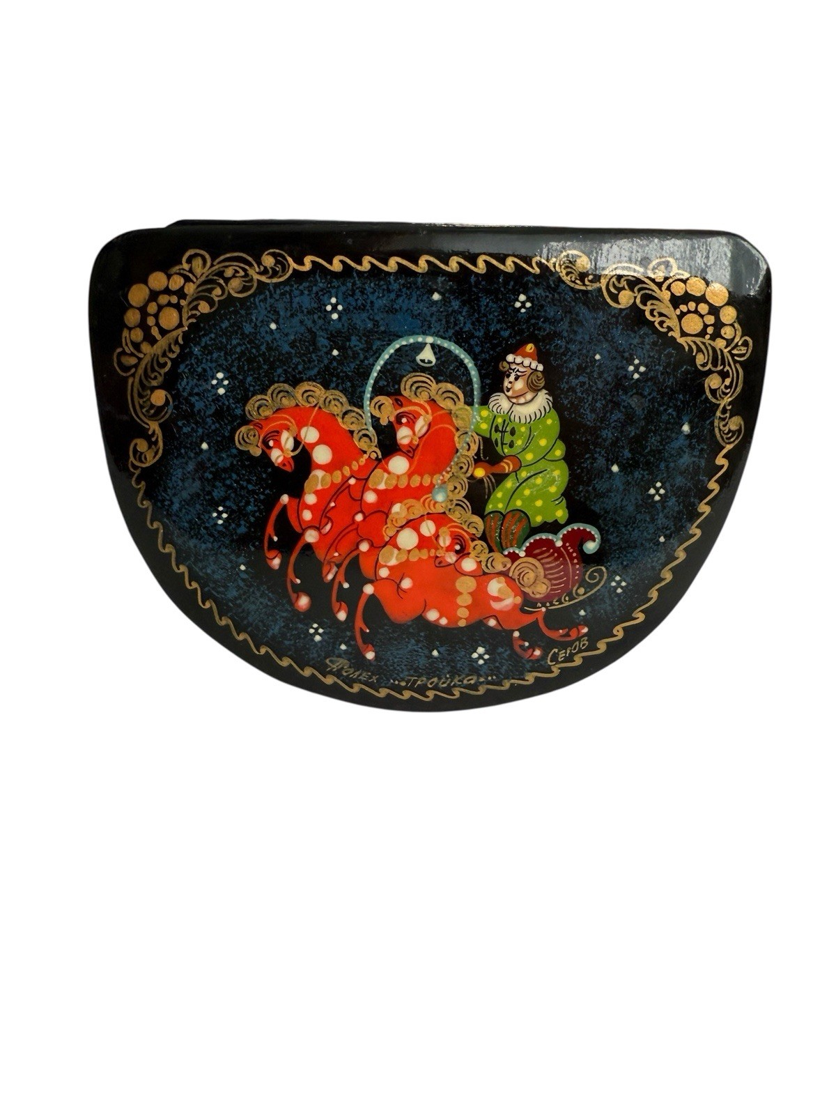 Vintage Hand Painted Russian Black Lacquer Box Signed Tpoňka 3 Horse Carriage