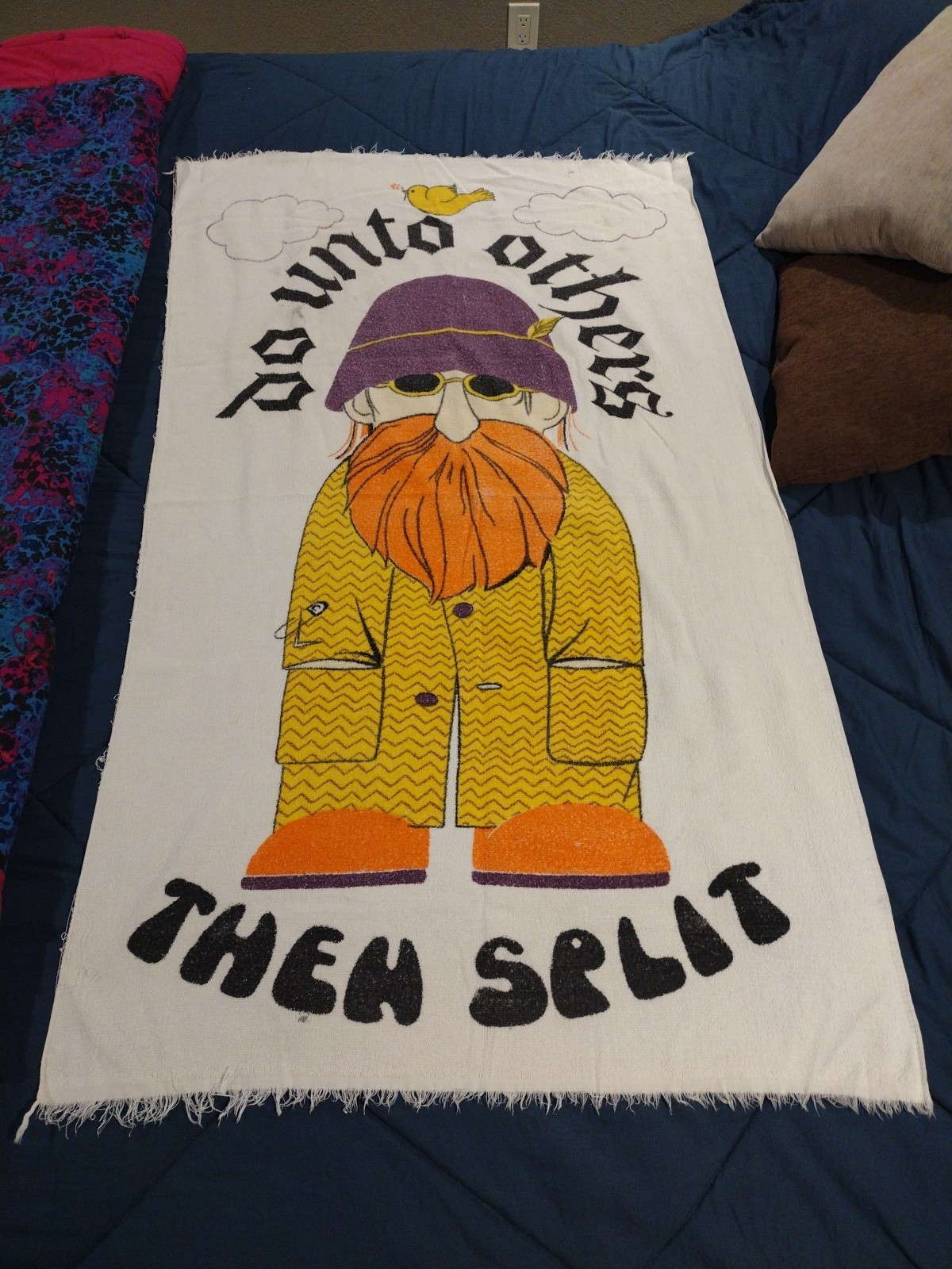 Vtg Original Funky Hippie Towel Rare 1960s “do Unto Others Then Split” RARE