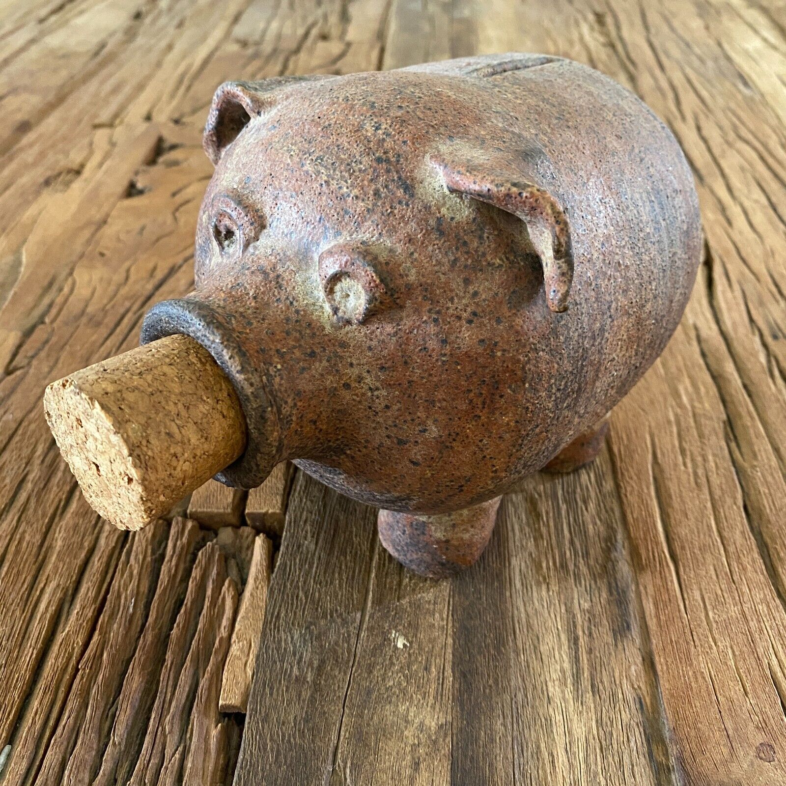 Vintage Corky Piggy Bank Brown With Cork Coin Molded