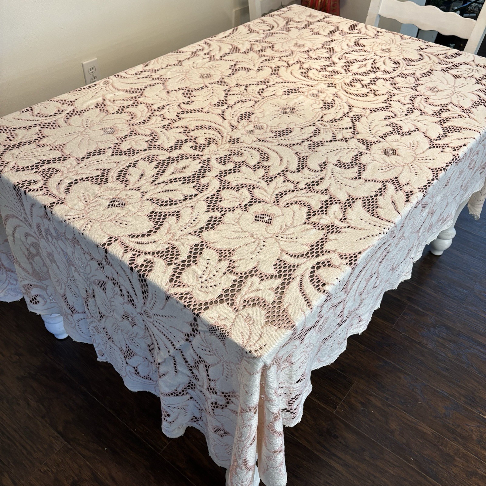 Vtg Ivory Pink Floral Lace Tablecloth Cottage Shabby Chic Romantic French 58x86”