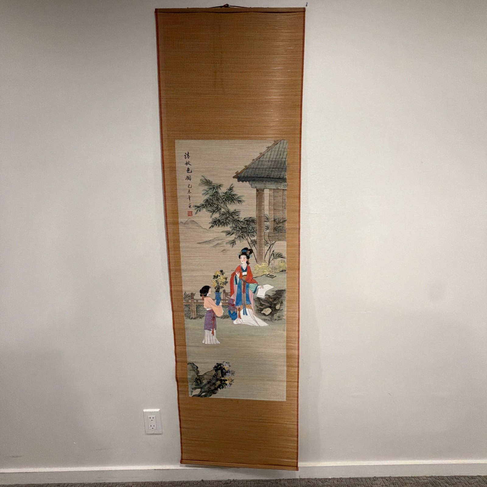 Vintage 6 ft Chinese Bamboo Scroll Hand Painted Flower Garden Signed w/ Red Seal Vintage 6 ft Chinese Bamboo Scroll Hand Painted Flower Garden Signed w/ Red Seal