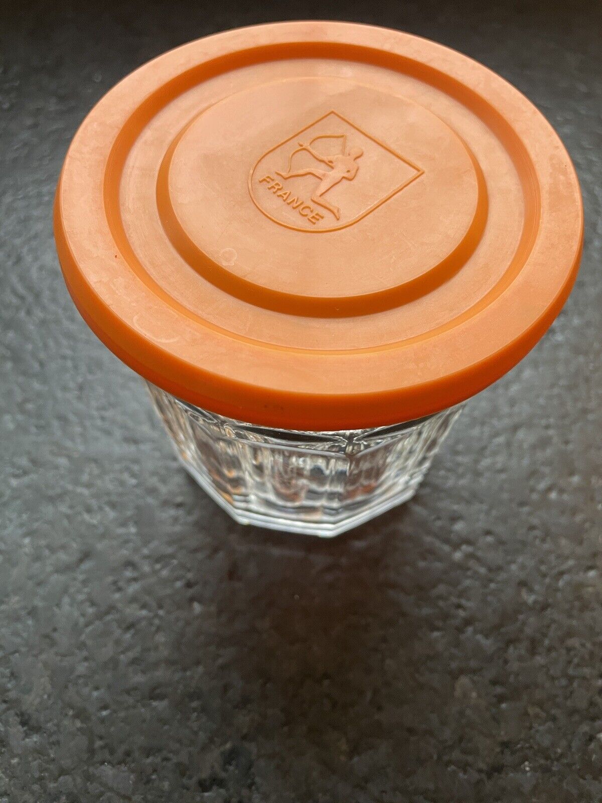 Vintage Luminarc France 500 ml Jam Jar 10 sided Glass Containers w/Orange Lid